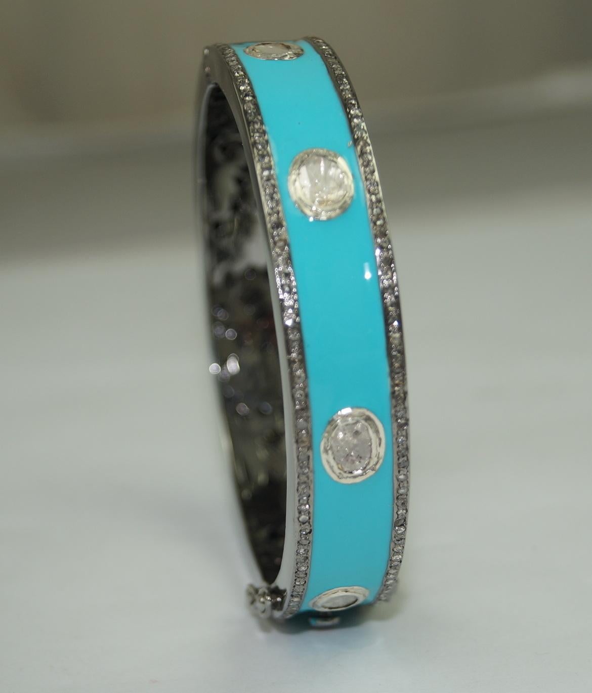  Natural 4.10ct uncut rose cut diamond turquoise enamel oxidized silver bracelet In New Condition For Sale In Delhi, DL