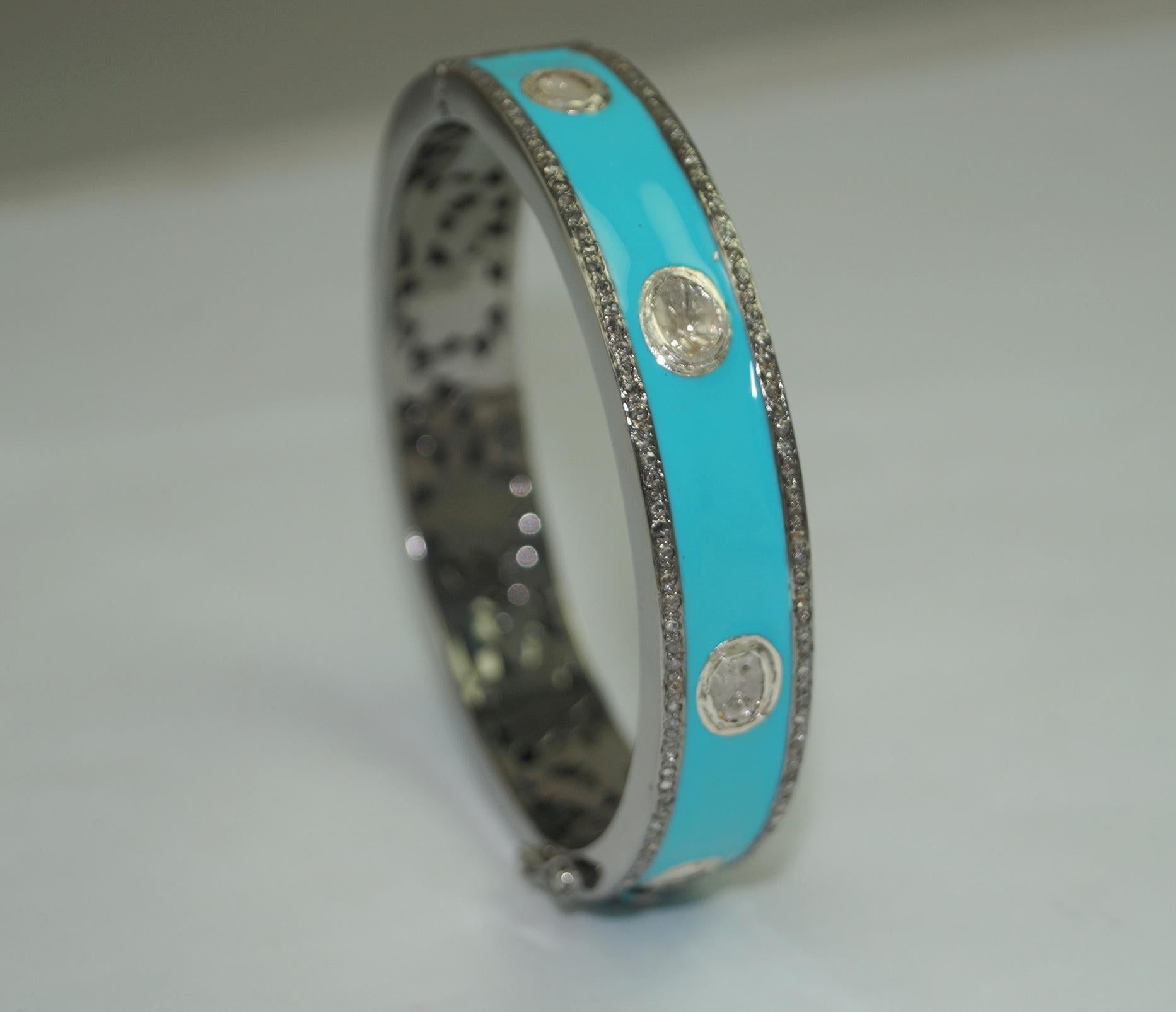  Natural 4.10ct uncut rose cut diamond turquoise enamel oxidized silver bracelet For Sale 1