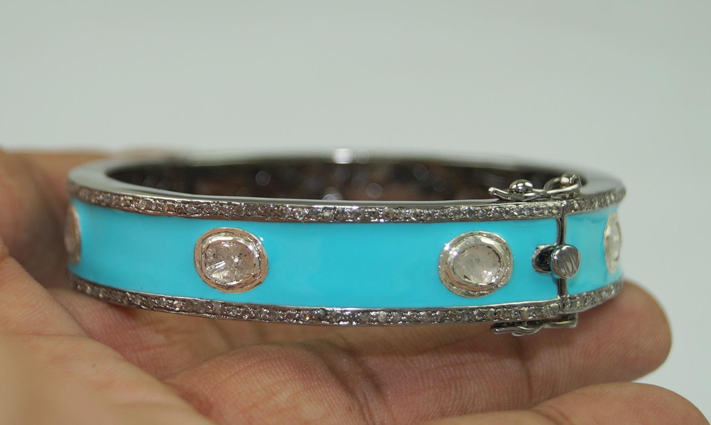  Natural 4.10ct uncut rose cut diamond turquoise enamel oxidized silver bracelet For Sale 2