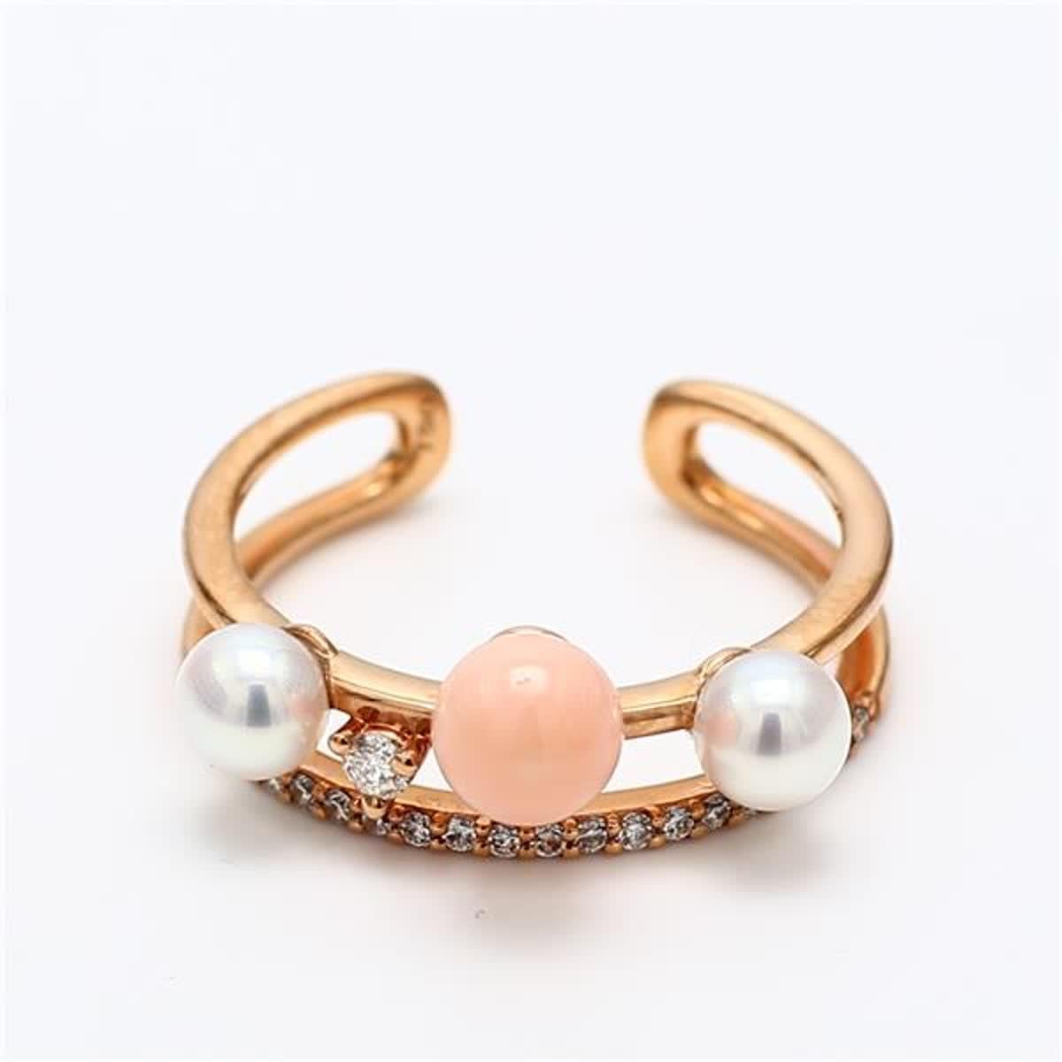 RareGemWorld's classic fashion ring. Mounted in a beautiful 18K Rose Gold setting with natural white pearl, pink corralium secundum, and natural round white diamond melee. This ring is guaranteed to impress and enhance your personal