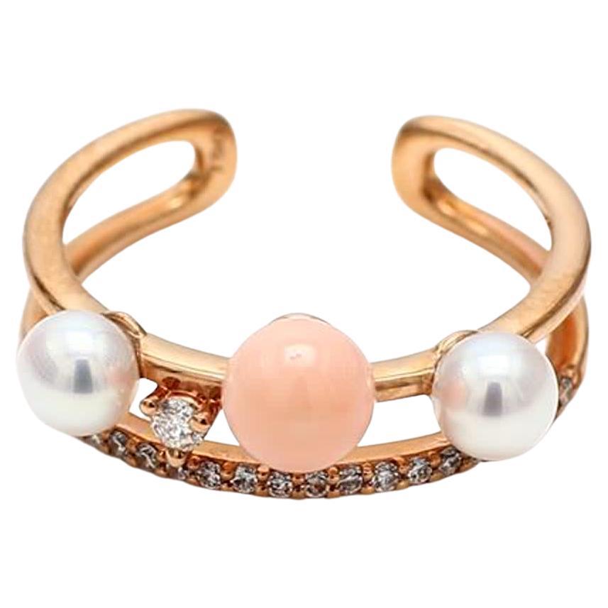 55 Karat TW Roségold Mode-Ring mit natürlicher weißer Perle und rosa Koralle im Angebot