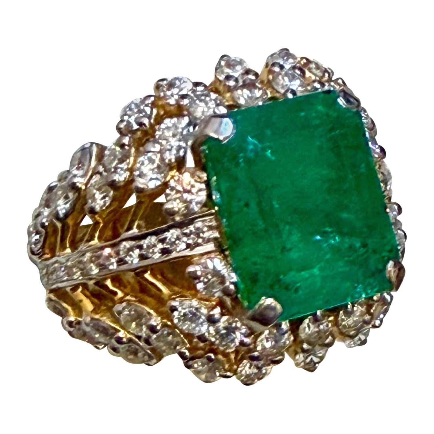 Natürlicher 4,2 Karat Smaragdschliff Smaragd & Diamant Ring 18 Karat Gelbgold, Vintage By