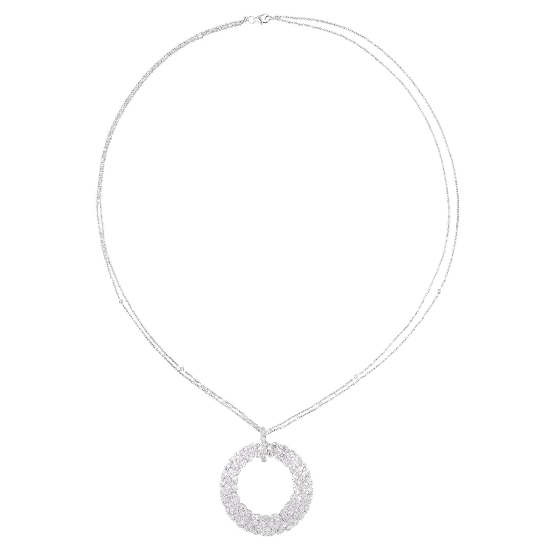 Natural 4.25 Carat Baguette & Round Diamond Pendant Necklace 14 Karat White Gold For Sale