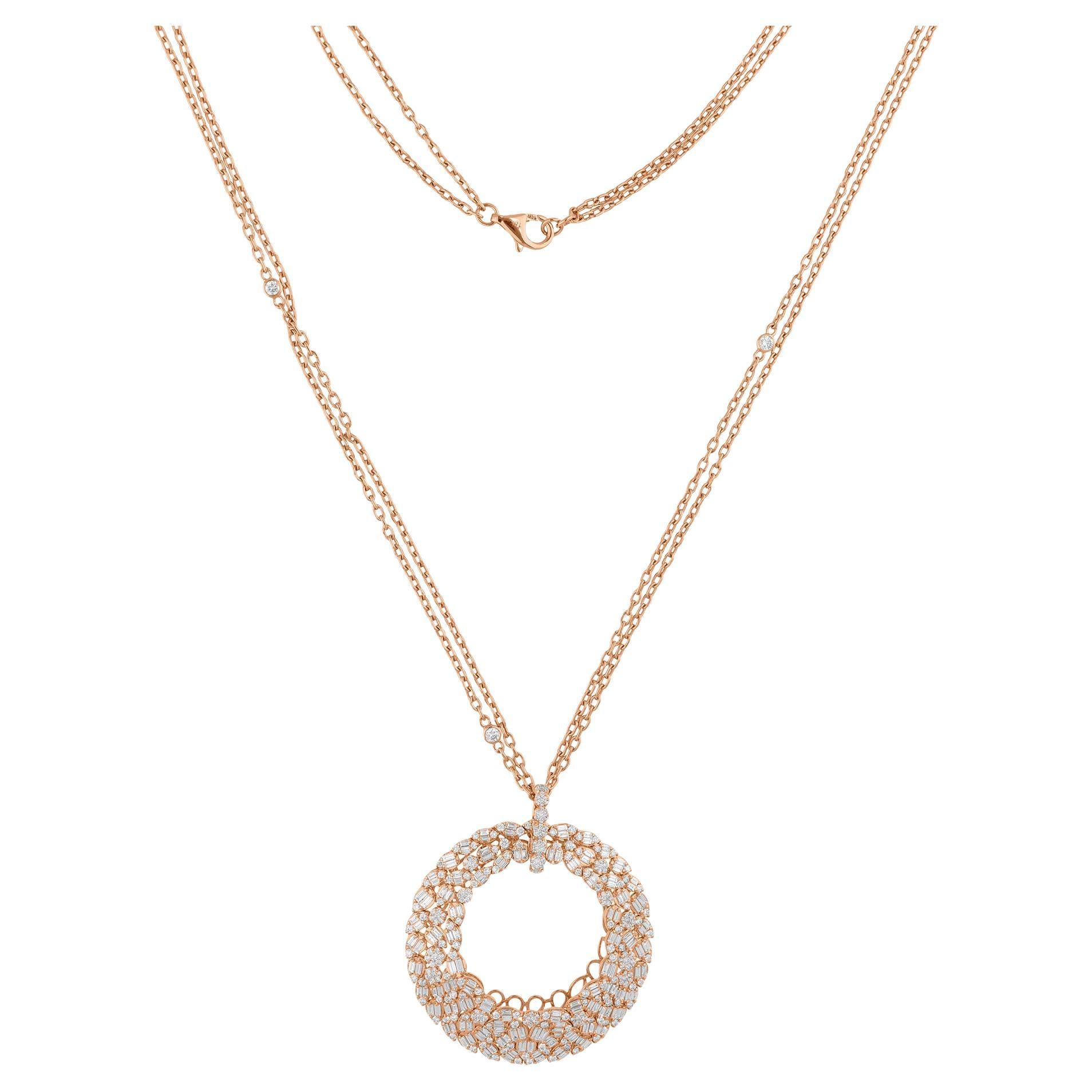 Collar colgante de diamantes redondos y baguette naturales de 4,25 quilates Oro rosa de 18 quilates