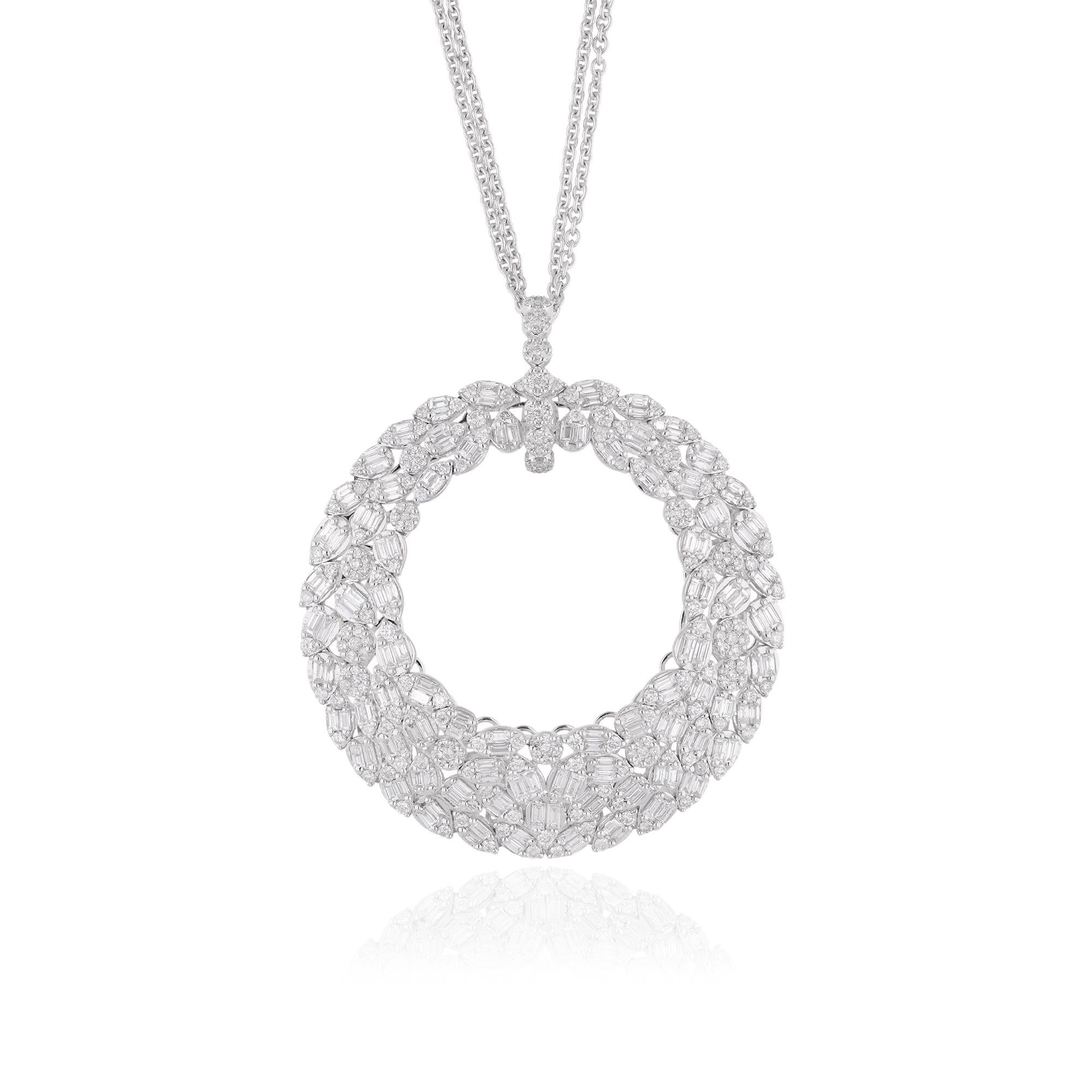 Elevate your elegance with our exquisite Natural 4.25 Carat Baguette & Round Diamond Pendant Necklace, a stunning embodiment of luxury and sophistication. Meticulously crafted from 18 karat white gold and adorned with a mesmerizing combination of