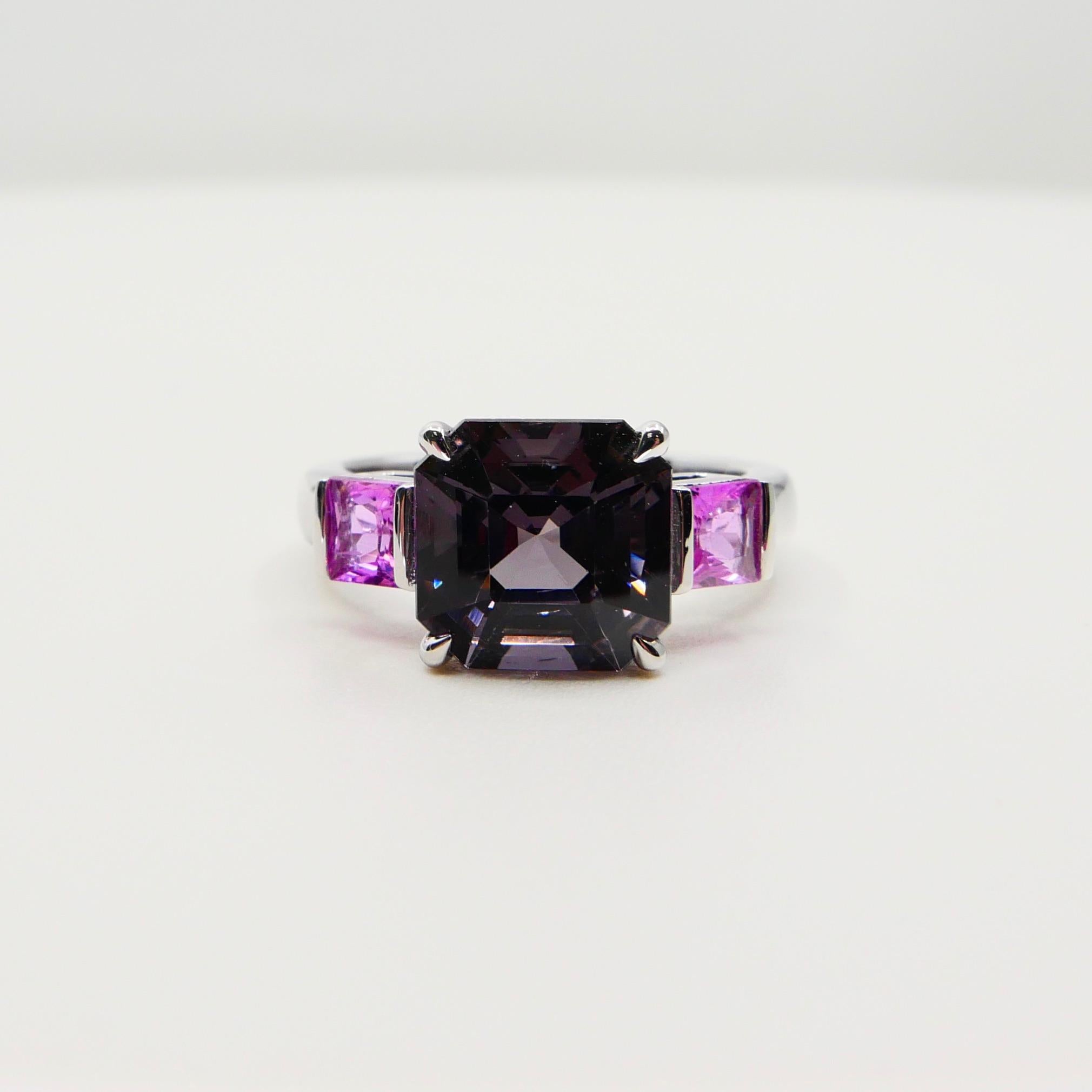 Natural 4.28ct Asscher Cut Purple Spinel and Pink Sapphire 3-Stone Cocktail Ring For Sale 4