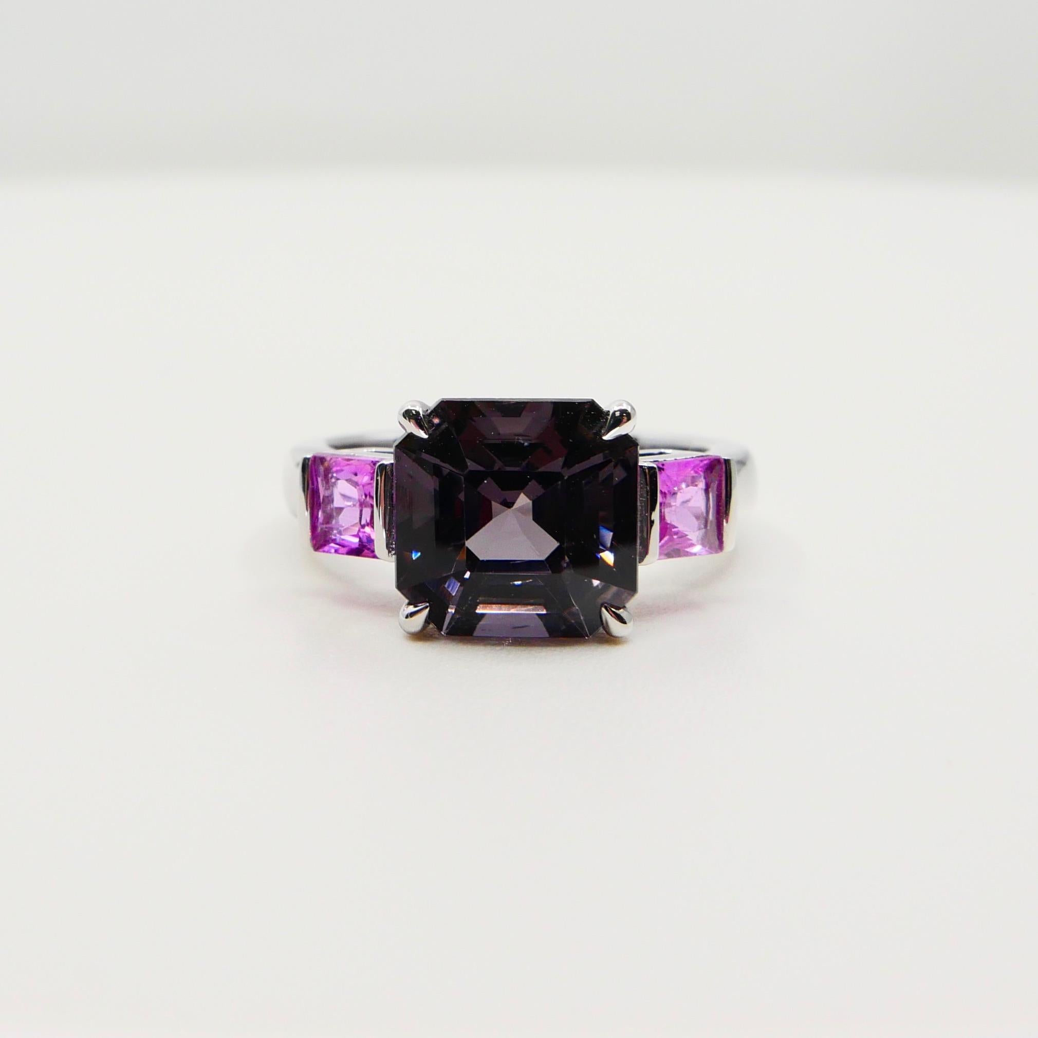 Bague cocktail à 3 pierres en spinelle violette taille Asscher et saphir rose de 4,28 carats de couleur naturelle en vente 6