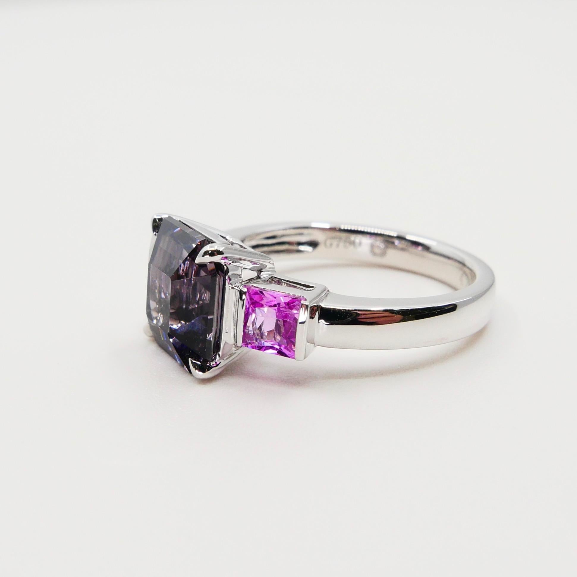 Natural 4.28ct Asscher Cut Purple Spinel and Pink Sapphire 3-Stone Cocktail Ring For Sale 5