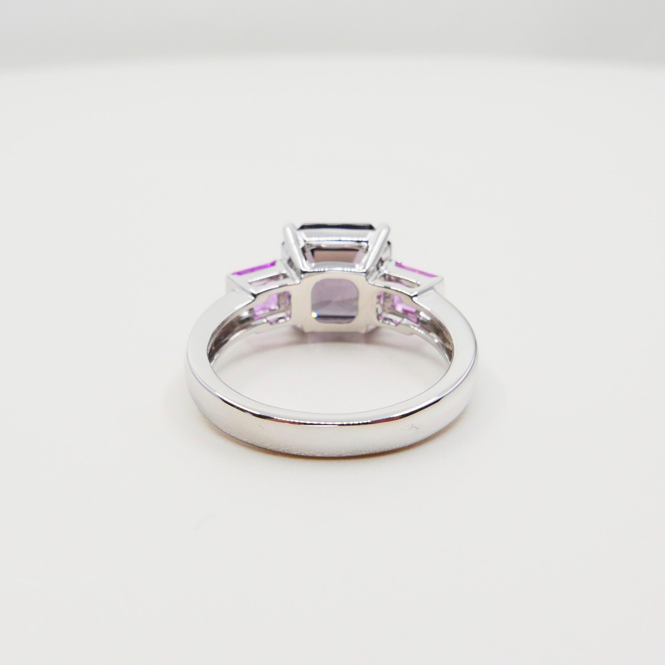 Natural 4.28ct Asscher Cut Purple Spinel and Pink Sapphire 3-Stone Cocktail Ring For Sale 6