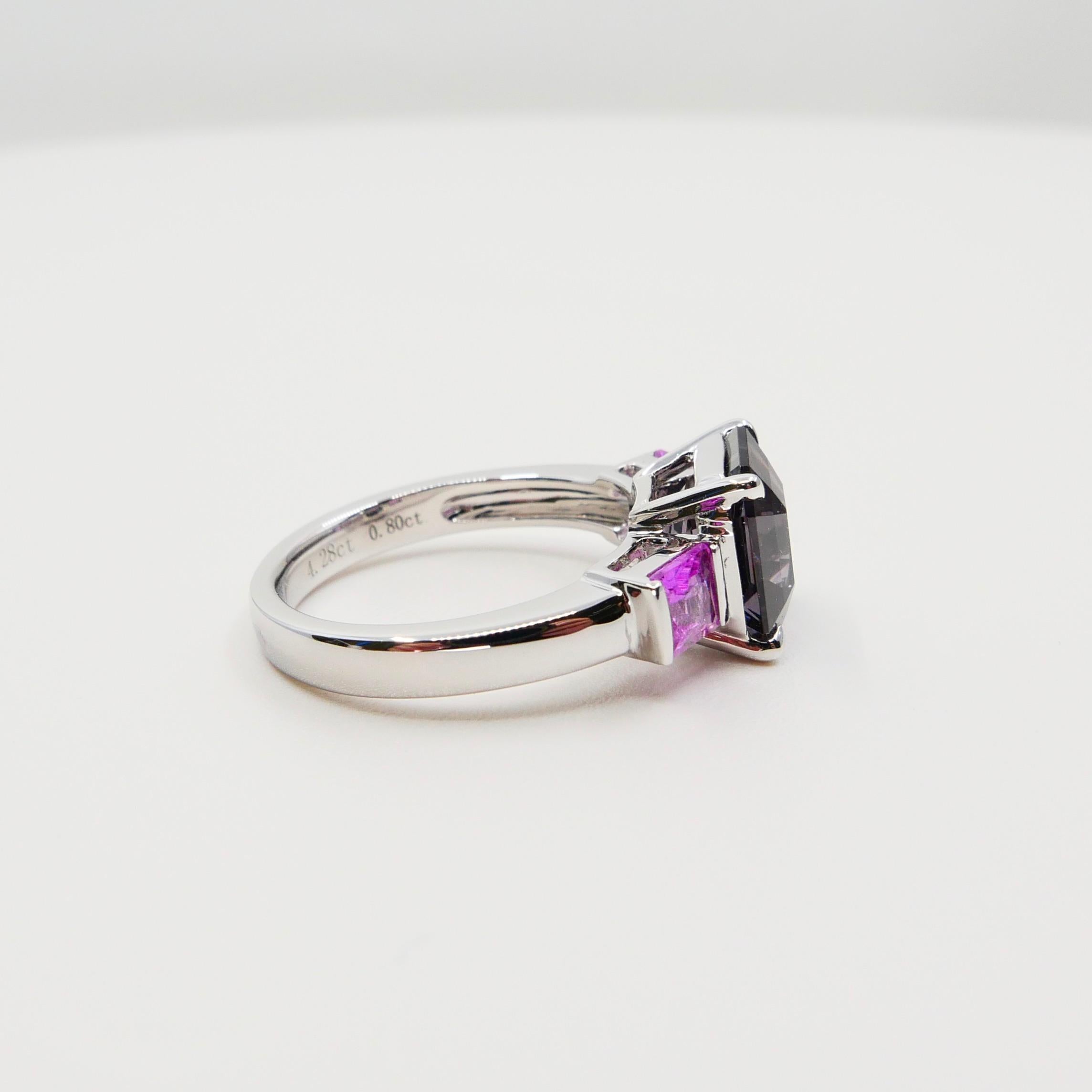 Natural 4.28ct Asscher Cut Purple Spinel and Pink Sapphire 3-Stone Cocktail Ring For Sale 7