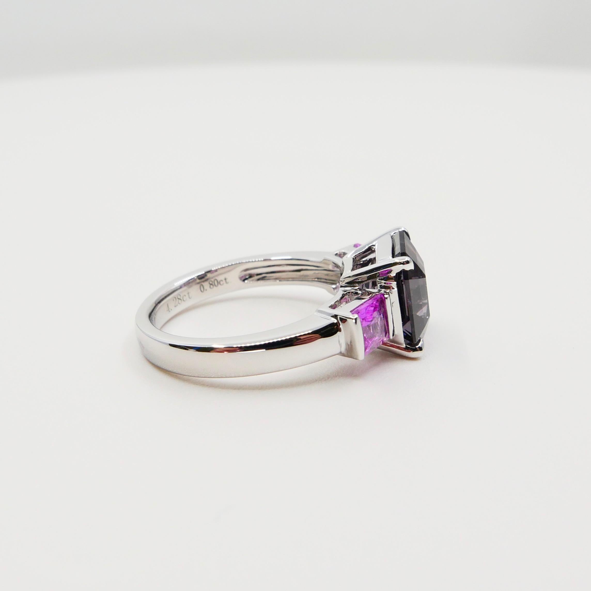 Bague cocktail à 3 pierres en spinelle violette taille Asscher et saphir rose de 4,28 carats de couleur naturelle en vente 9