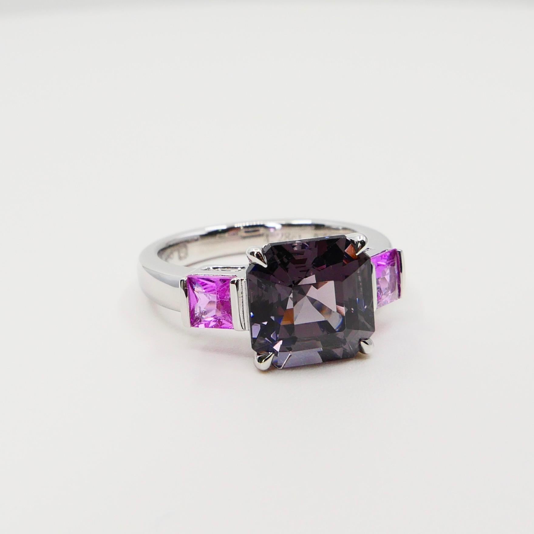 Natural 4.28ct Asscher Cut Purple Spinel and Pink Sapphire 3-Stone Cocktail Ring For Sale 8