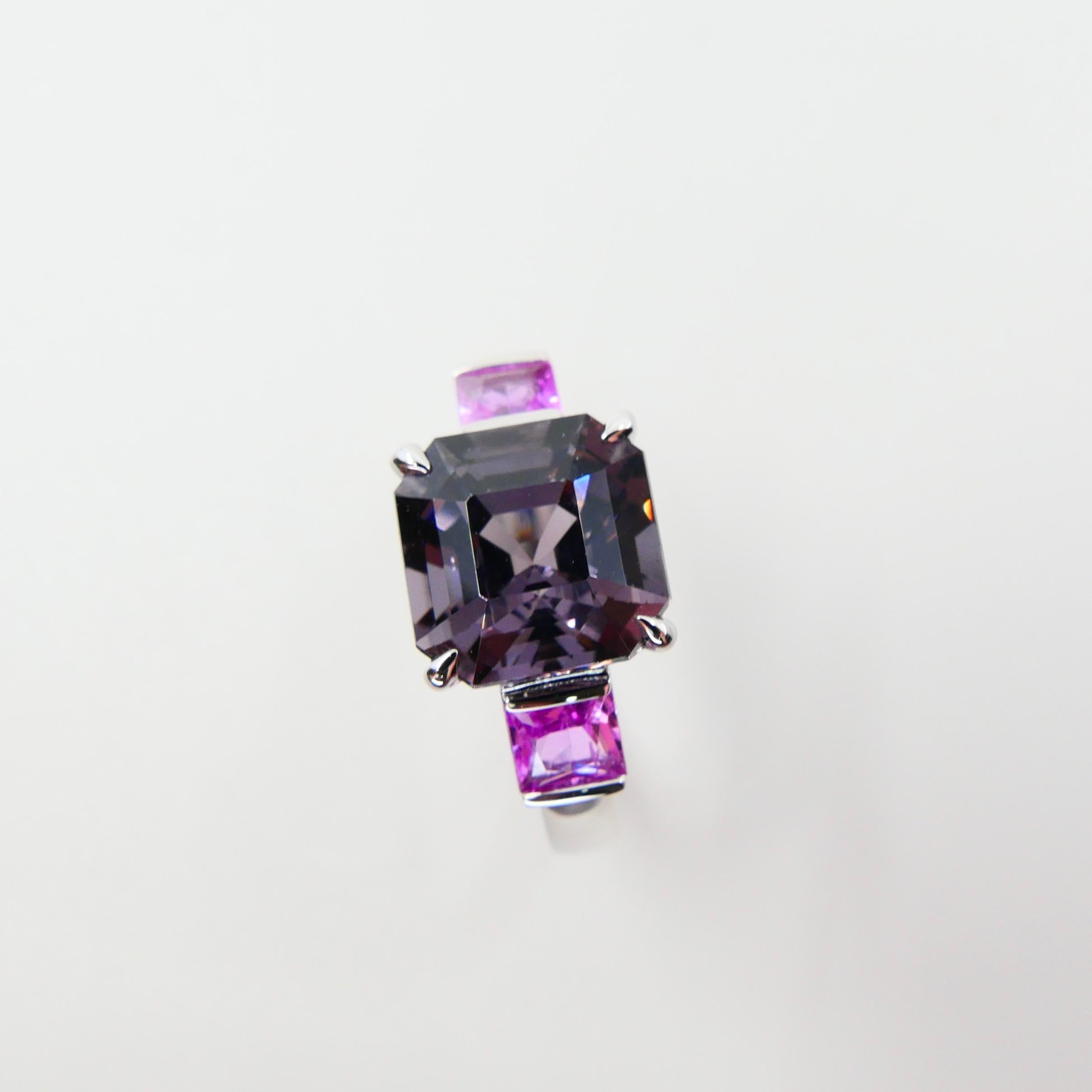 Natural 4.28ct Asscher Cut Purple Spinel and Pink Sapphire 3-Stone Cocktail Ring For Sale 9