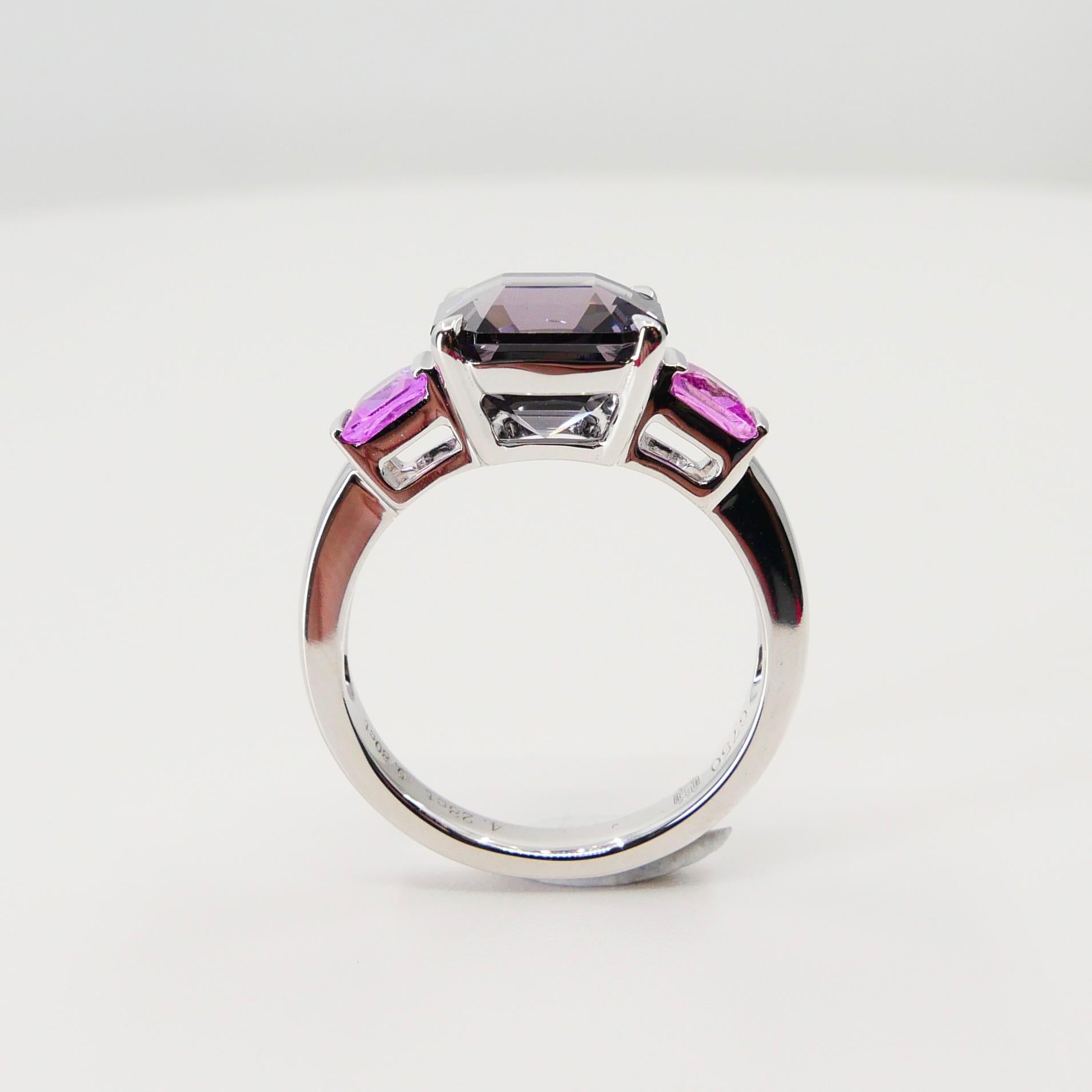 Women's Natural 4.28ct Asscher Cut Purple Spinel and Pink Sapphire 3-Stone Cocktail Ring For Sale