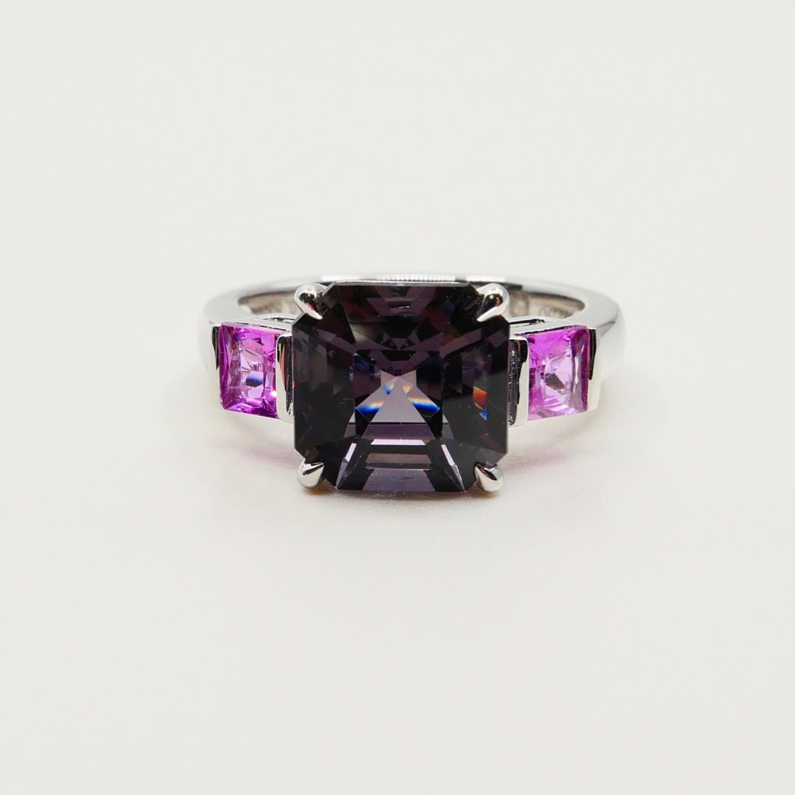 Natural 4.28ct Asscher Cut Purple Spinel and Pink Sapphire 3-Stone Cocktail Ring For Sale 1