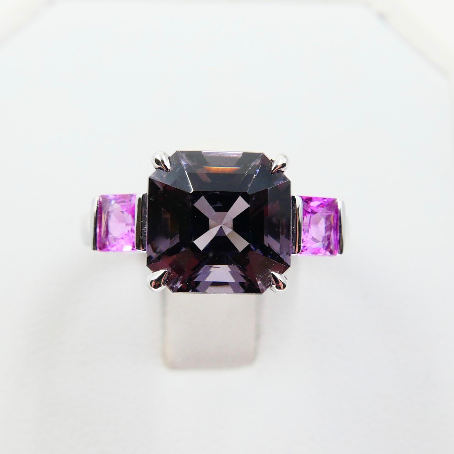 Natural 4.28ct Asscher Cut Purple Spinel and Pink Sapphire 3-Stone Cocktail Ring For Sale 2
