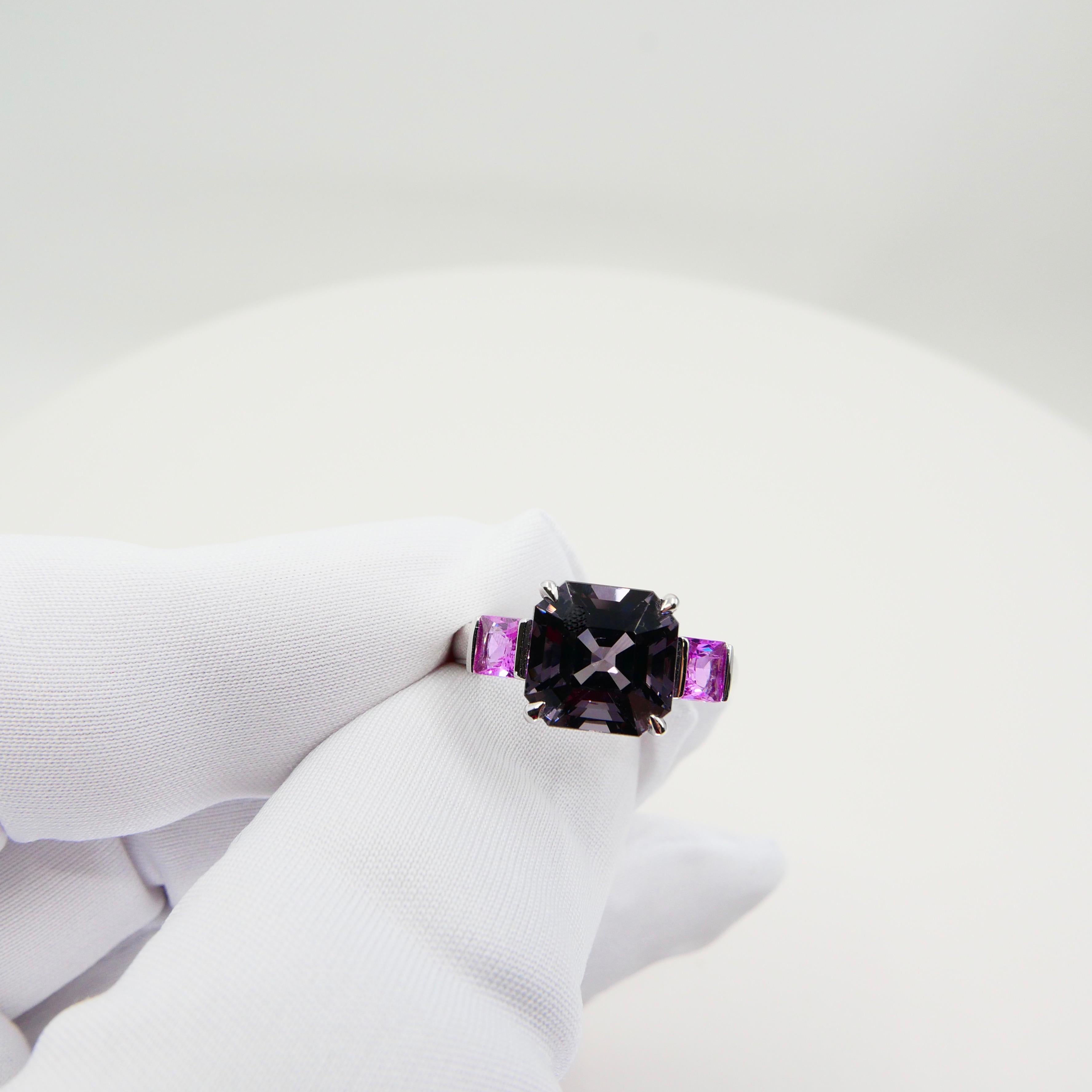 Natural 4.28ct Asscher Cut Purple Spinel and Pink Sapphire 3-Stone Cocktail Ring For Sale 3