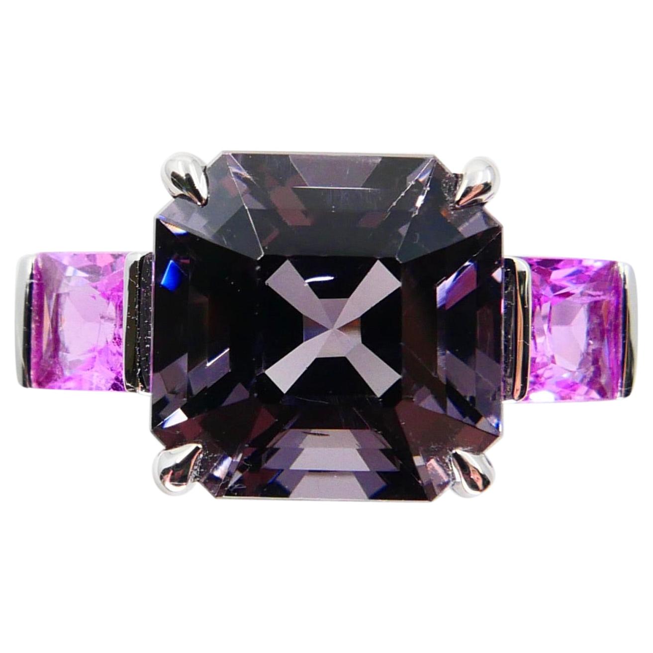 Natural 4.28ct Asscher Cut Purple Spinel and Pink Sapphire 3-Stone Cocktail Ring For Sale