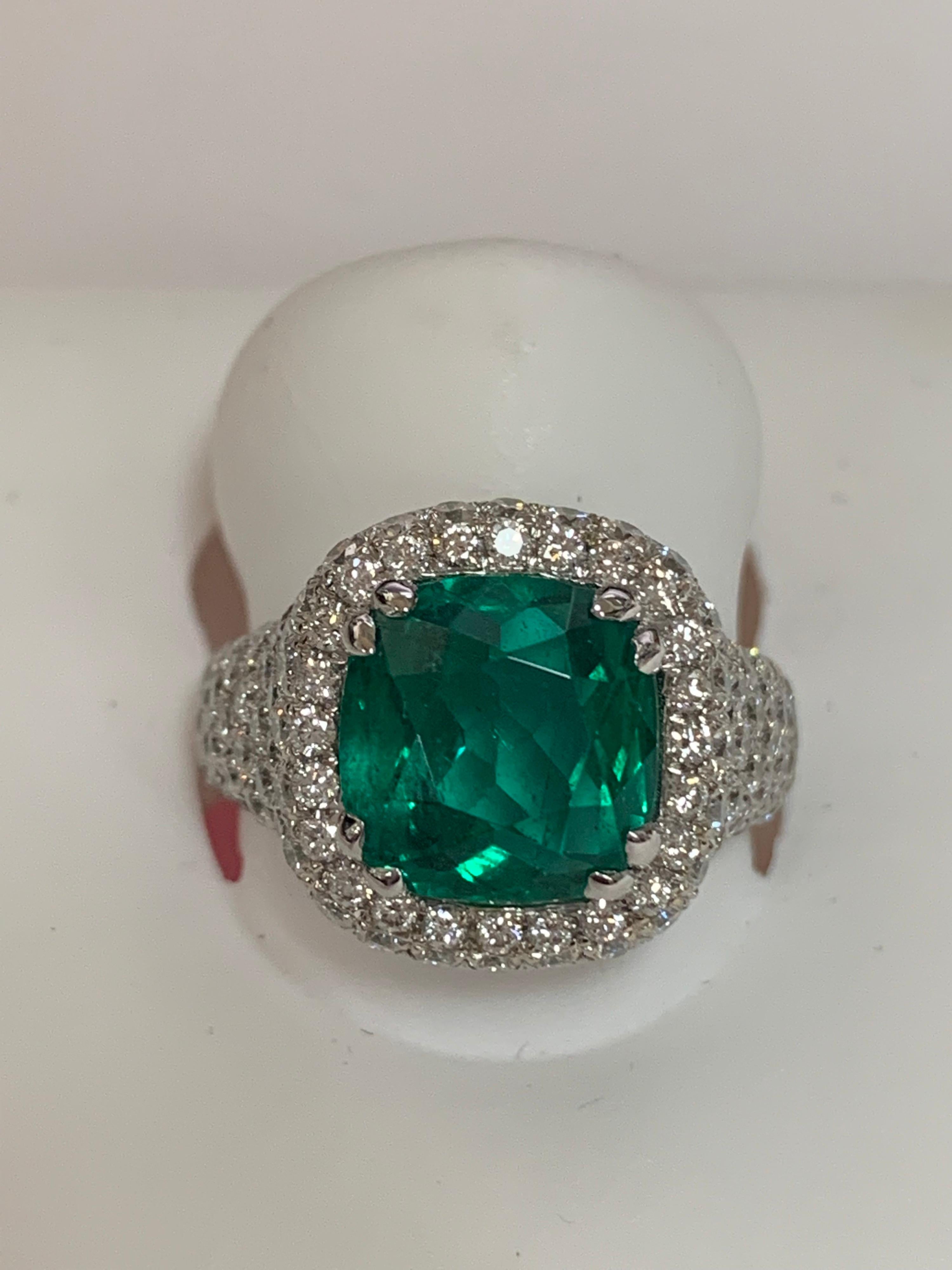 Cushion Cut Natural 4.32 Carat Emerald Diamond Ring