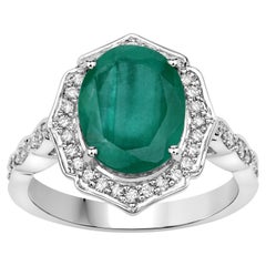 Natural 4.35 Carat Brazilian Emerald Ring Set with Diamonds 14k White Gold