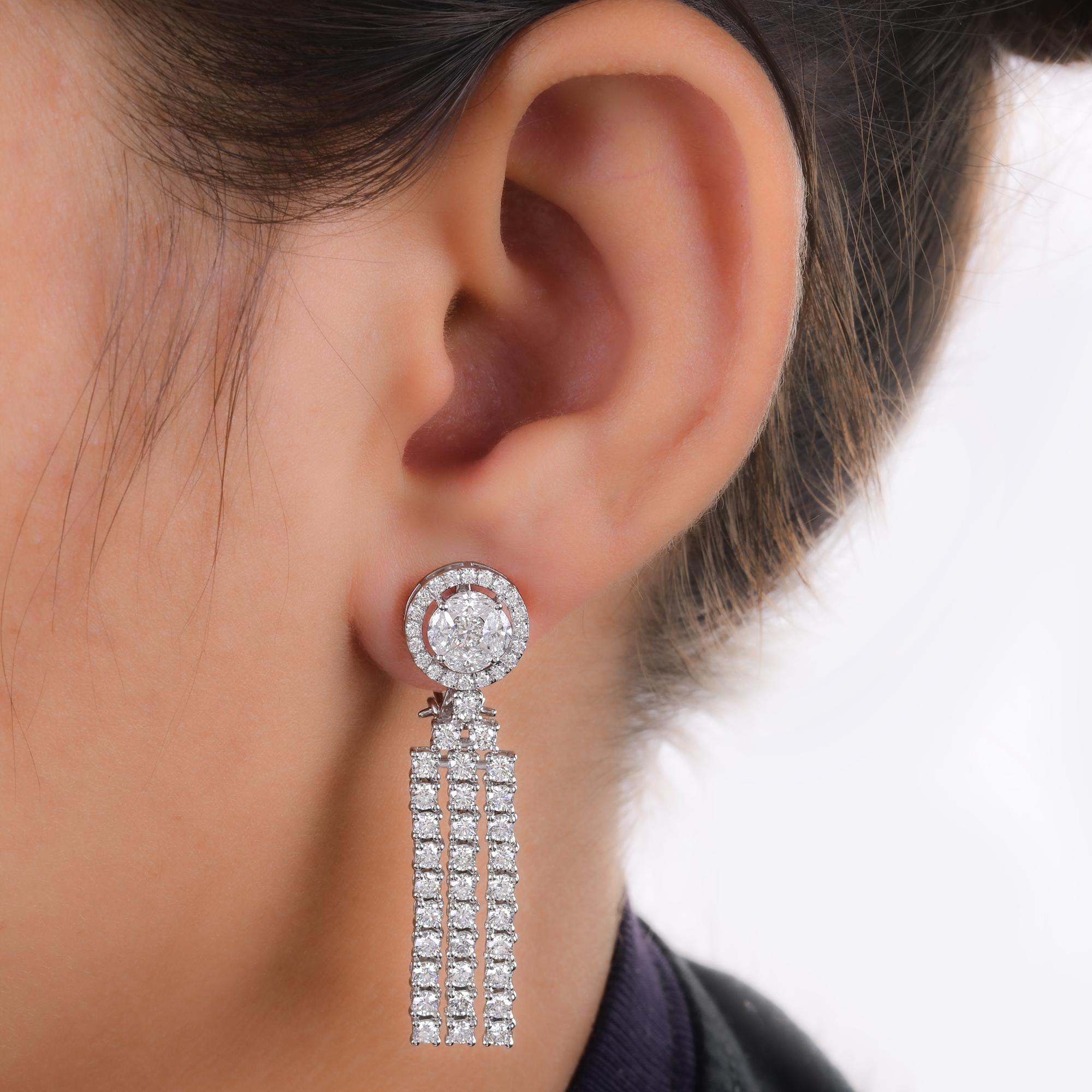 Modern Natural 4.38 Carat Round Diamond Chandelier Earrings 14 Karat White Gold Jewelry For Sale