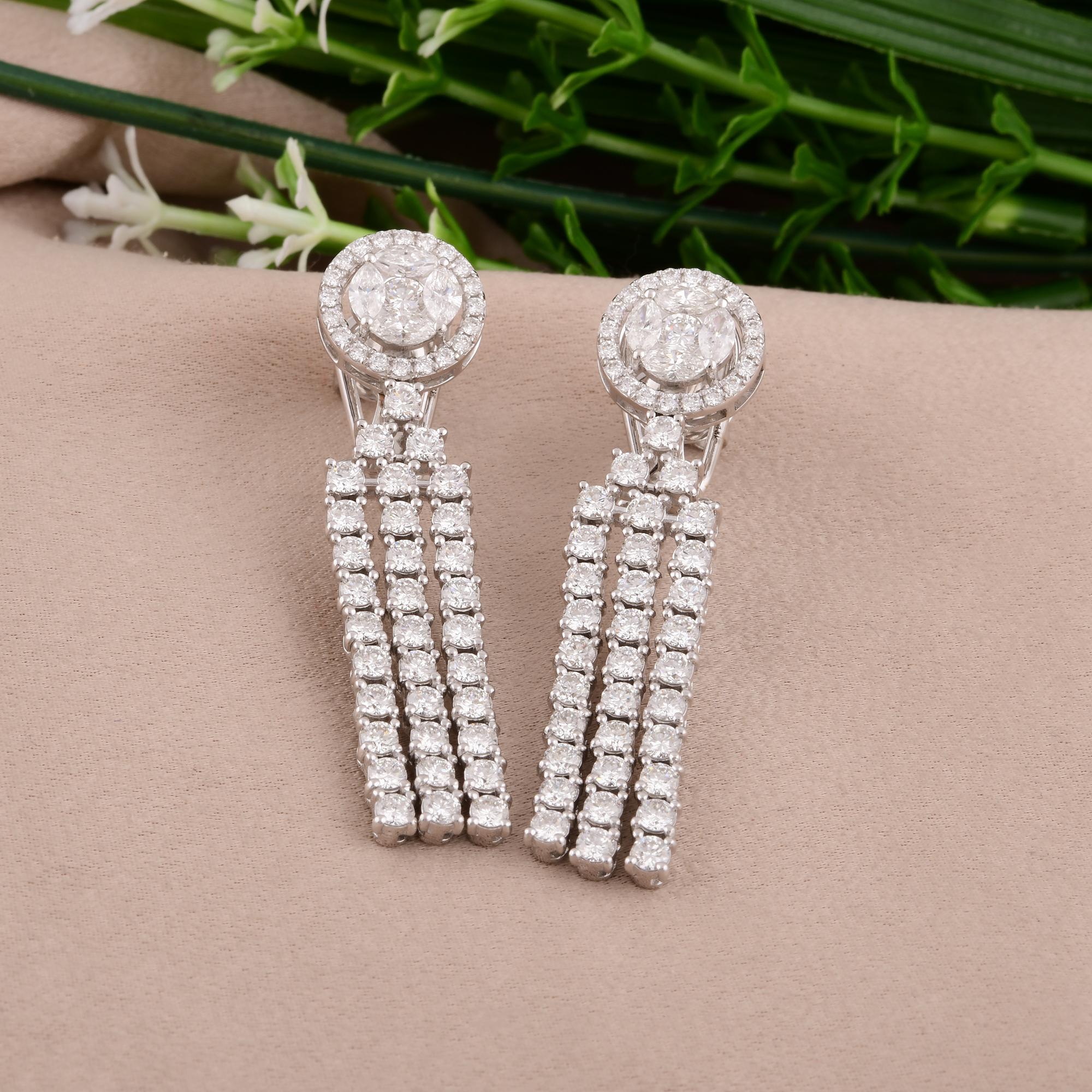 Round Cut Natural 4.38 Carat Round Diamond Chandelier Earrings 14 Karat White Gold Jewelry For Sale