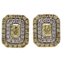 Natural Yellow Radiant and White Diamond 1.51 Carat TW Gold Stud Earrings