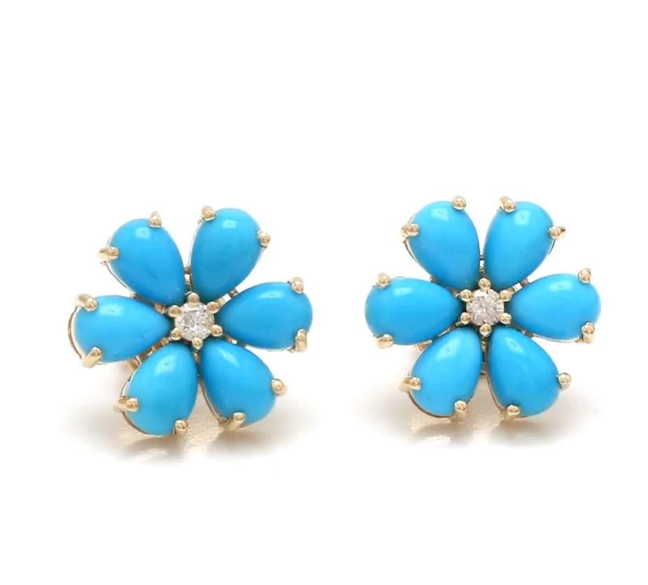 Donna Orecchino con turchese cabochon naturale da 4,40 carati e diamante da 0,11 carati in oro 14k in vendita