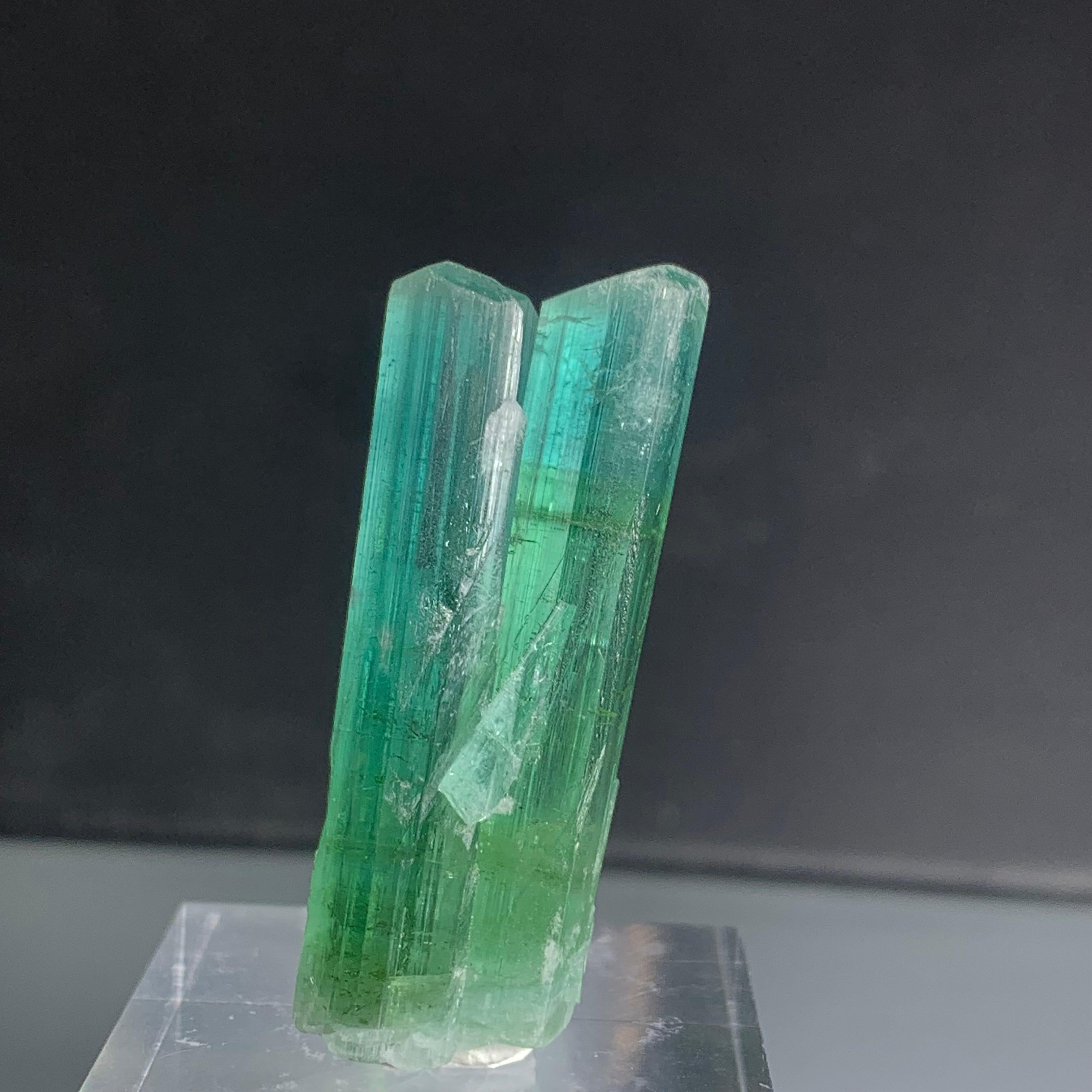 Natural Bi-Color Combined Tourmaline Crystal From Afghanistan
WEIGHT: 44.30 Carat
DIMENSION: 3.6 x 1.4 x 0.9 Cm
ORIGIN: Afghanistan
COLOR: Mint Green And Green
TREATMENT: None
Tourmaline is an extremely popular gemstone; the name Tourmaline is