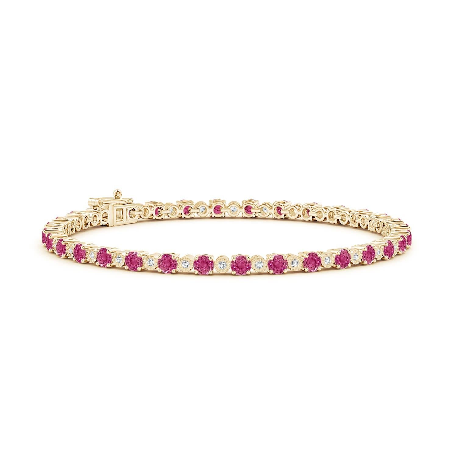 Natürliches 4,48 Karat Pink Saphir und Illusionsdiamant Tennisarmband aus 14K Gold im Zustand „Neu“ im Angebot in Los Angeles, CA