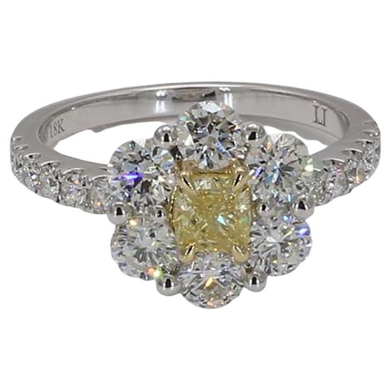 Natural .45 Carat Yellow Cushion and White Diamond Platinum Cocktail ...