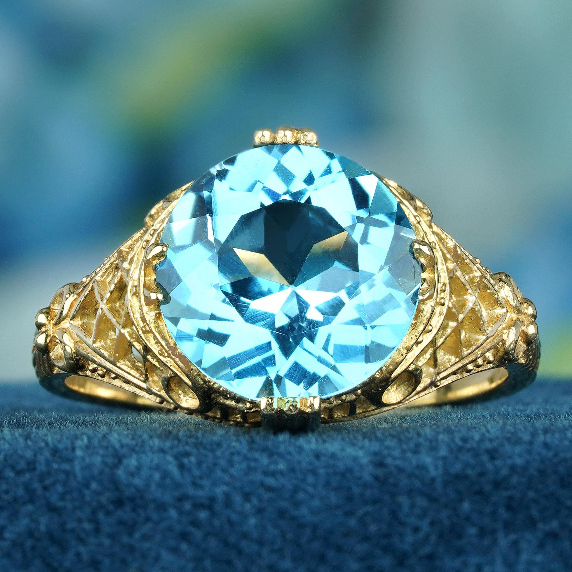 Edwardian Natural 4.5 Ct. Blue Topaz Vintage Style Filigree Ring in Solid 9K Yellow Gold For Sale