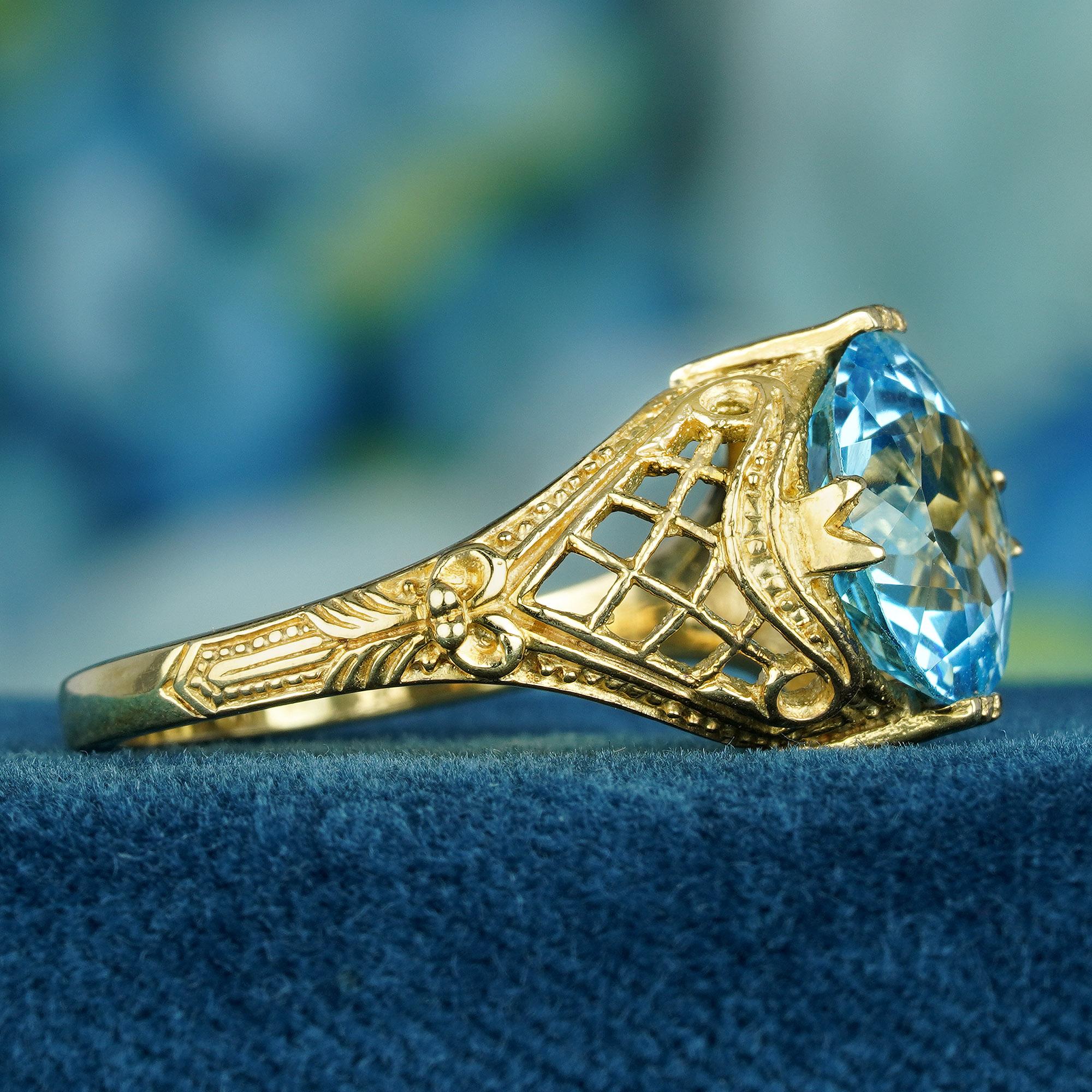 Round Cut Natural 4.5 Ct. Blue Topaz Vintage Style Filigree Ring in Solid 9K Yellow Gold For Sale