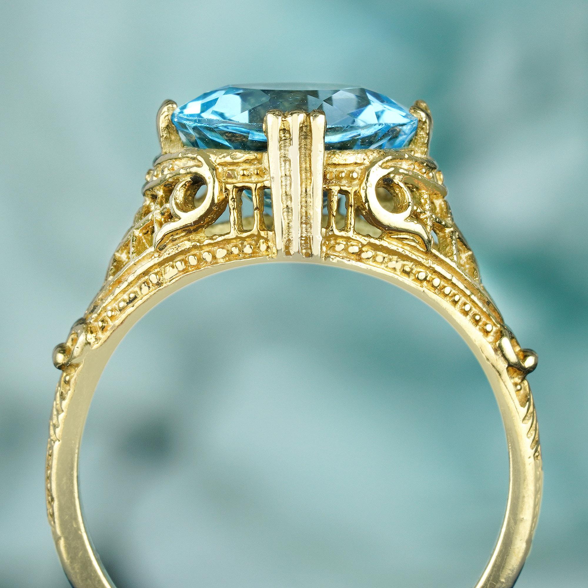 Naturel 4,5 carats Bague filigranée en or jaune 9K de style vintage avec topaze bleue Neuf - En vente à Bangkok, TH