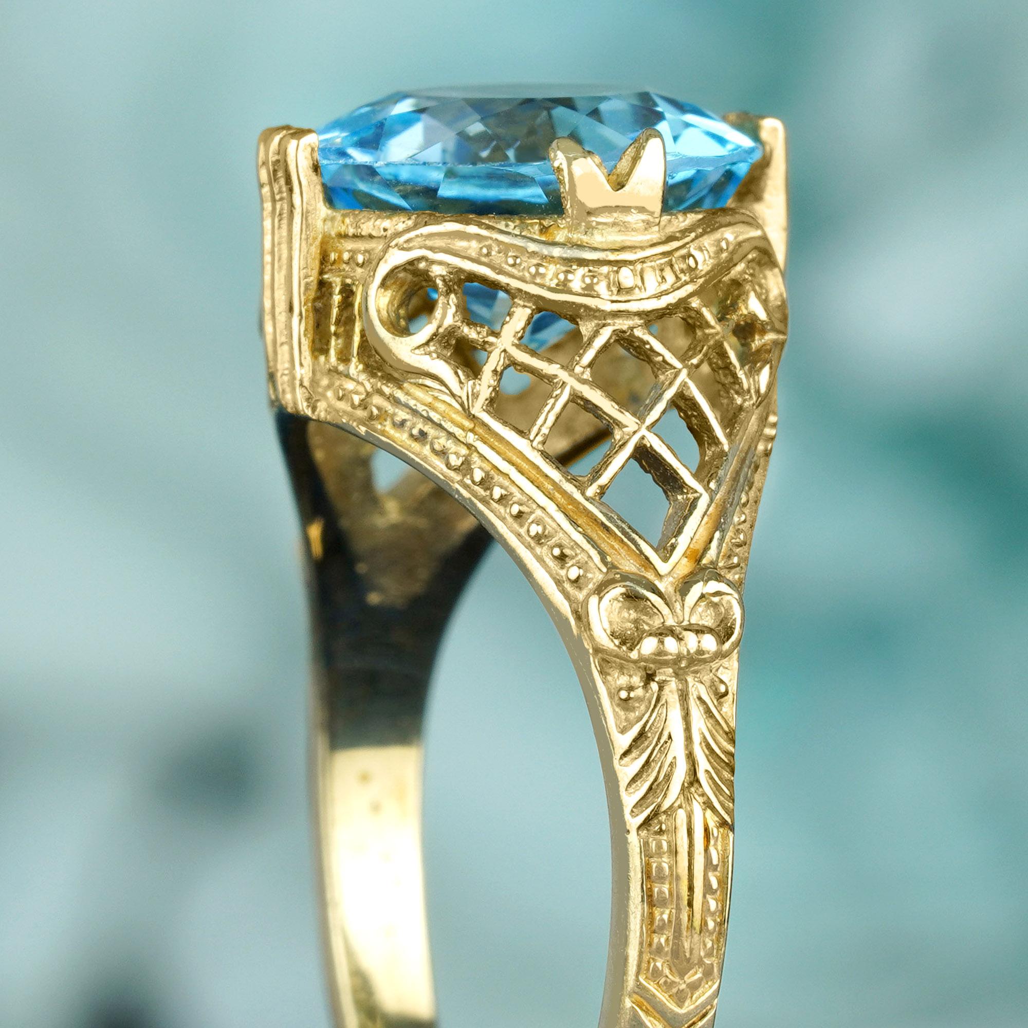 Women's Natural 4.5 Ct. Blue Topaz Vintage Style Filigree Ring in Solid 9K Yellow Gold For Sale