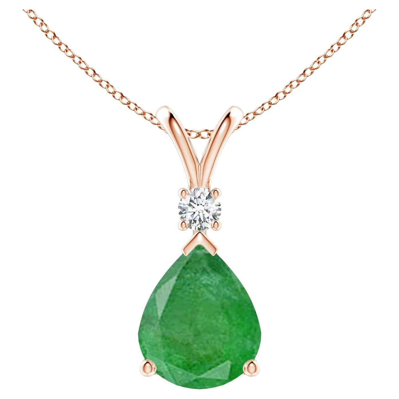 Pendentif en forme de goutte d'émeraude naturelle de 4,5 ct avec diamant en or rose 14K