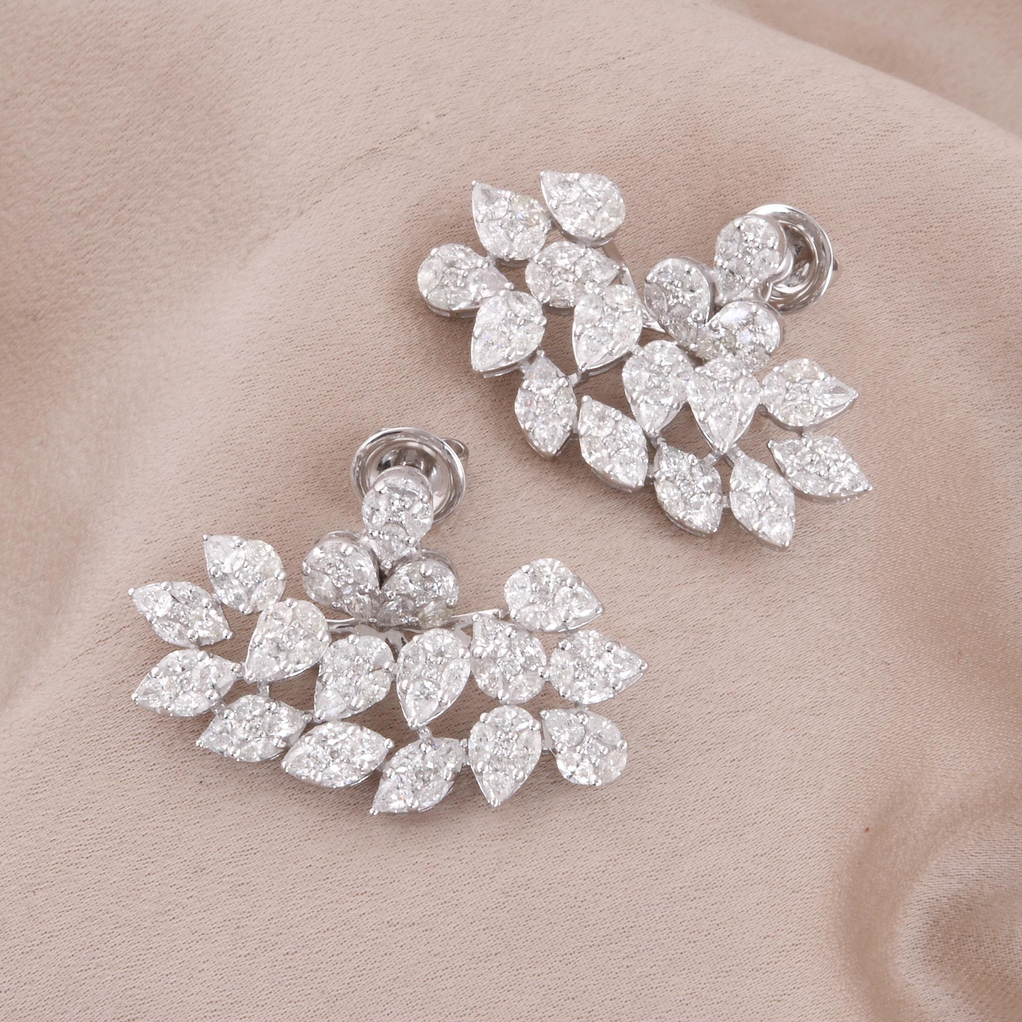 Modern Natural 4.56 Carat Diamond Leaf Earrings 14 Karat White Gold Handmade Jewelry For Sale