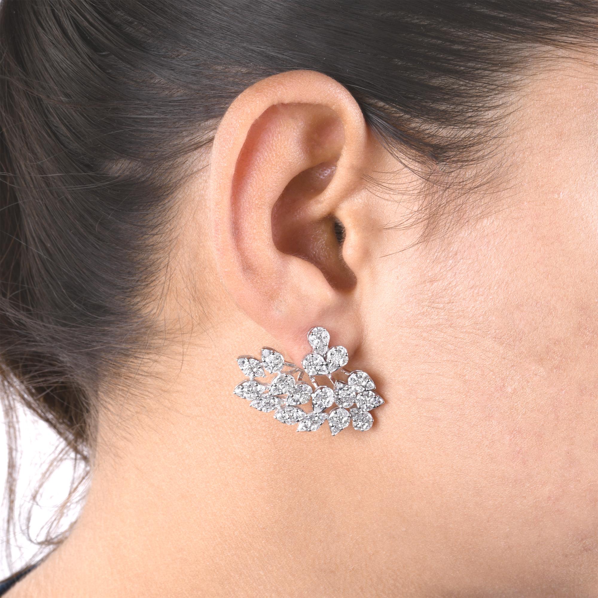 Round Cut Natural 4.56 Carat Diamond Leaf Earrings 14 Karat White Gold Handmade Jewelry For Sale