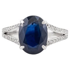 Natural 4.57Ct Oval Blue Sapphire & Diamond Split Shank Engagement Ring 14K Gold
