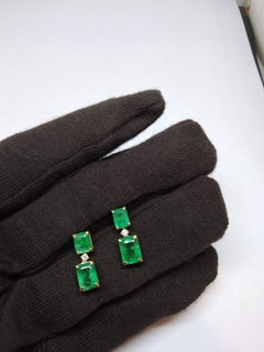 Designer 14K Gold Emerald 4.57ct & Diamond 0.08ct Halo Earrings