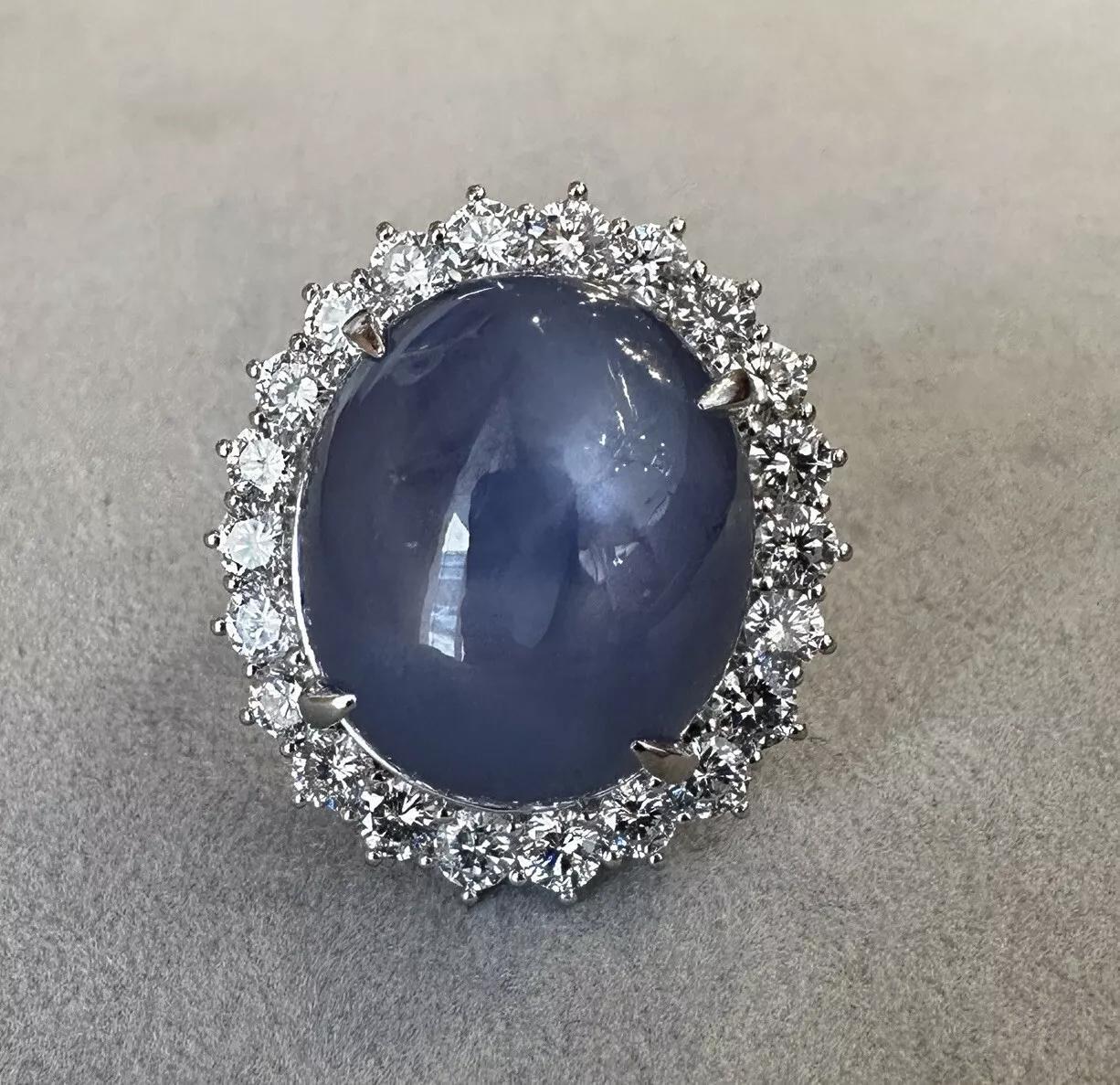 Cabochon Natural 45.82 carat Star Sapphire and Diamond Ring in Platinum