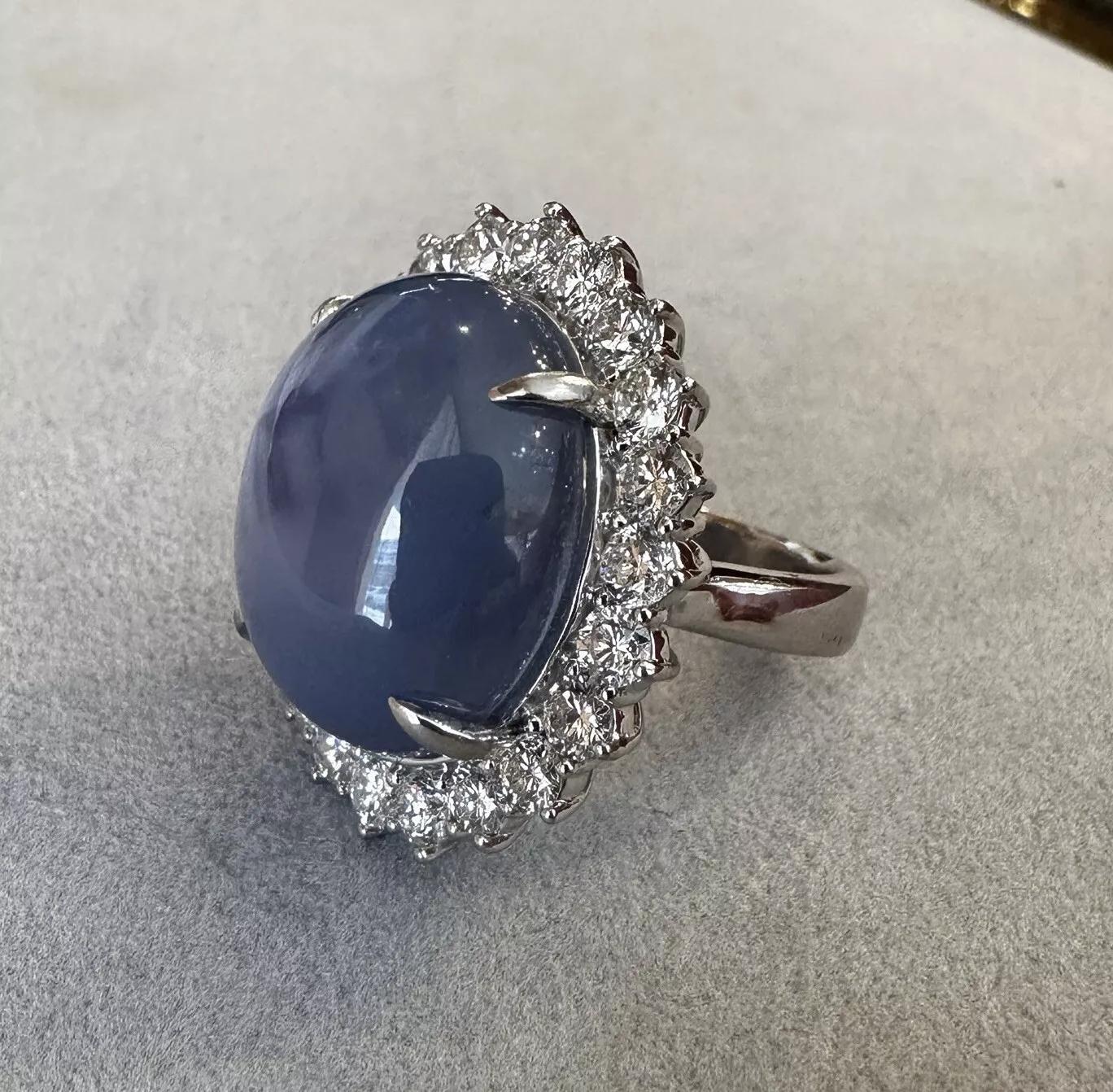 Natural 45.82 carat Star Sapphire and Diamond Ring in Platinum In Excellent Condition In La Jolla, CA