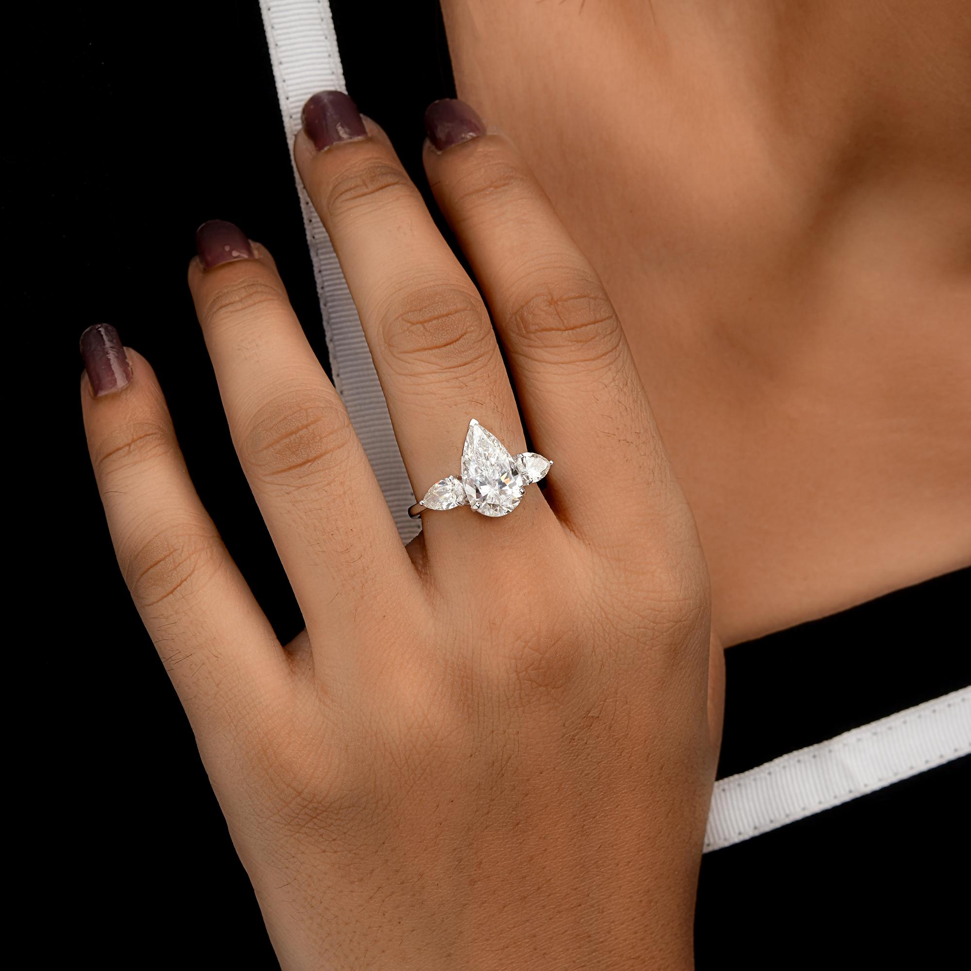 Pear Cut Natural 4.62 Carat SI/H Pear Shape Diamond Three Stone Ring 14 Karat White Gold For Sale