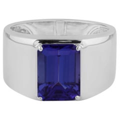 Natural 4.70 Carat Emerald Cut Tanzanite Gemstone 18 Karat White Gold Band Ring