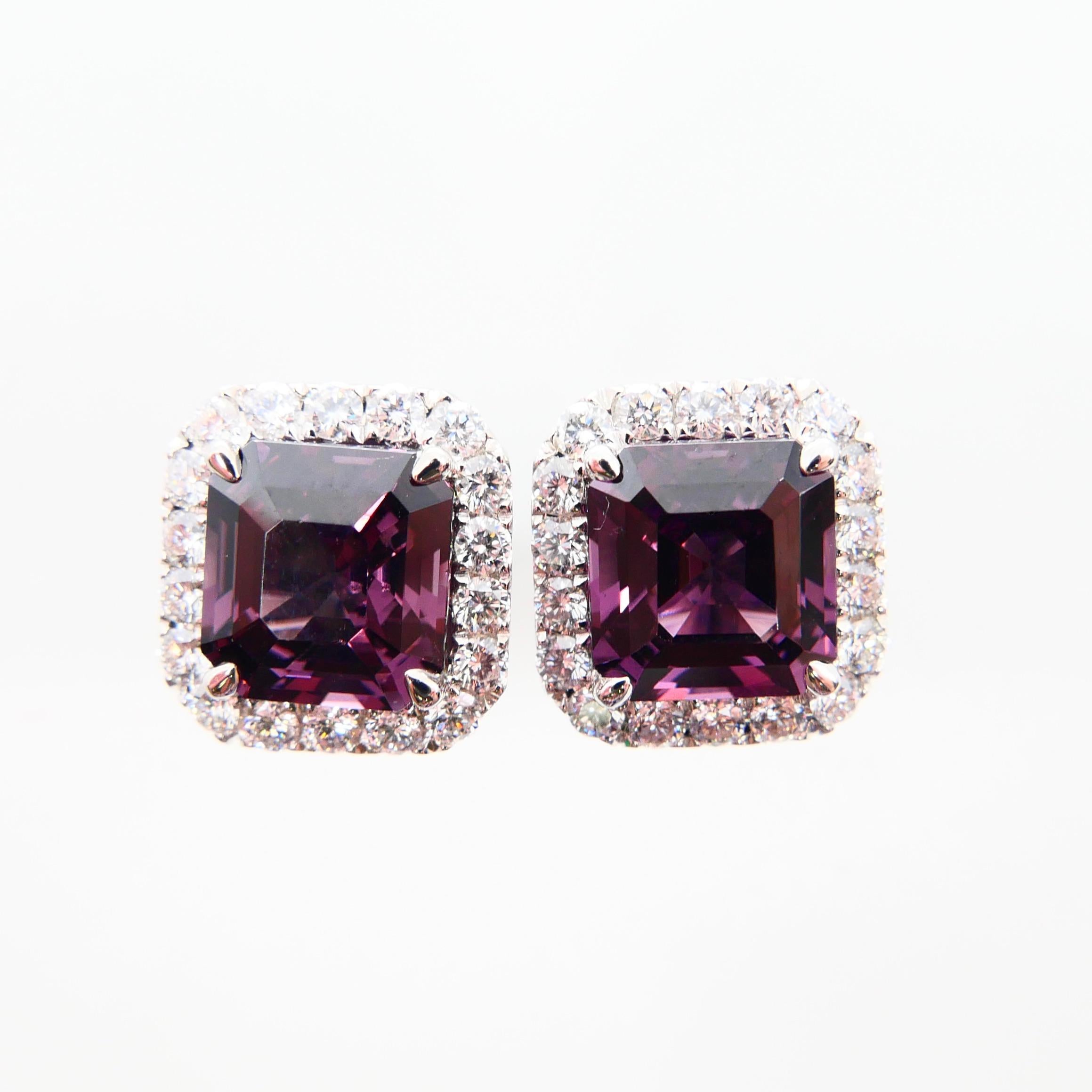 Contemporary Natural 4.73 Carat Purple Asscher Step Cut Spinels & 0.67 Carat Diamond Earrings