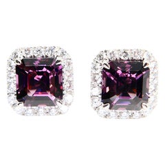 Natural 4.73 Carat Purple Asscher Step Cut Spinels & 0.67 Carat Diamond Earrings