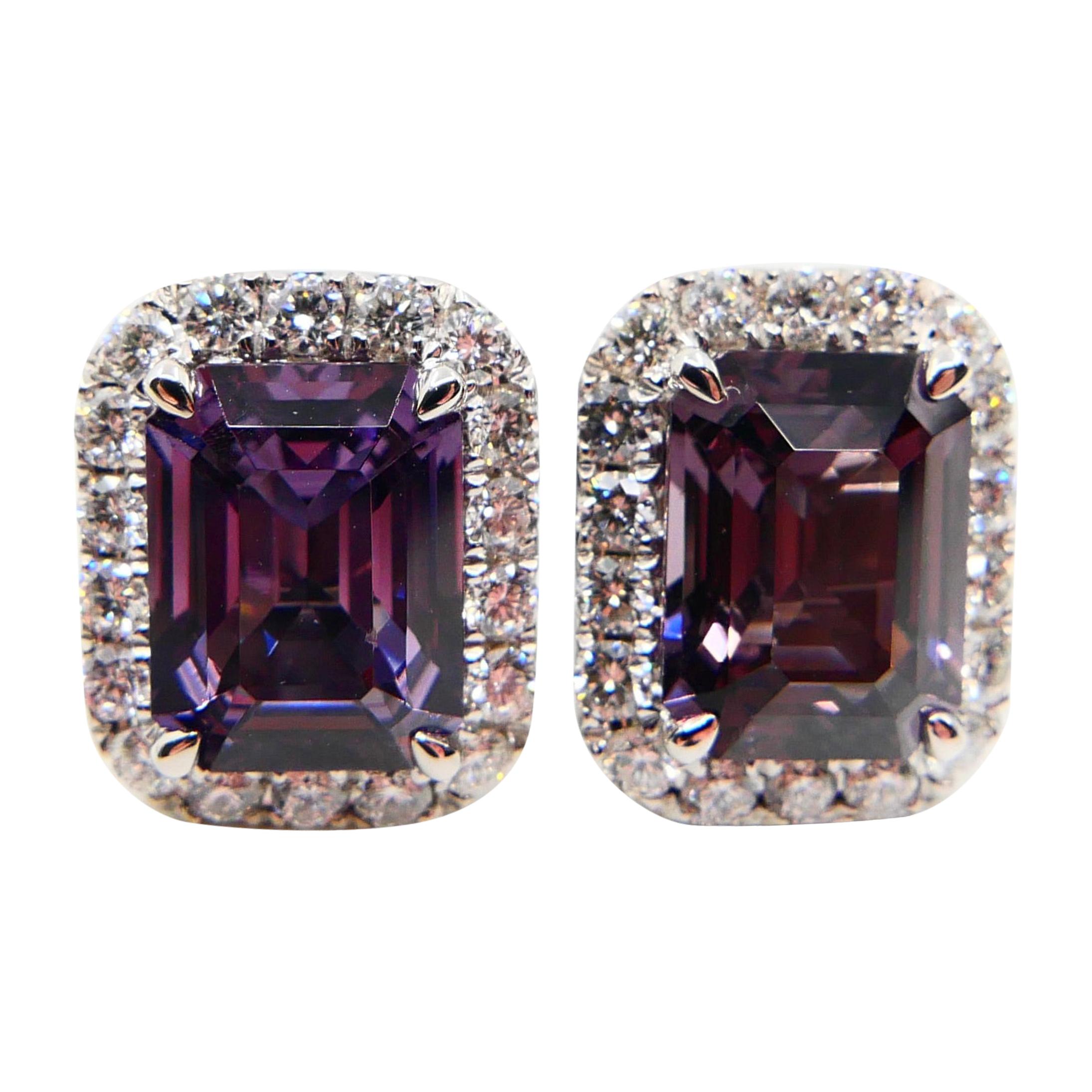 Natural 4.73 Carat Purple Step Cut Spinels and 0.67 Carat Diamond Earrings For Sale
