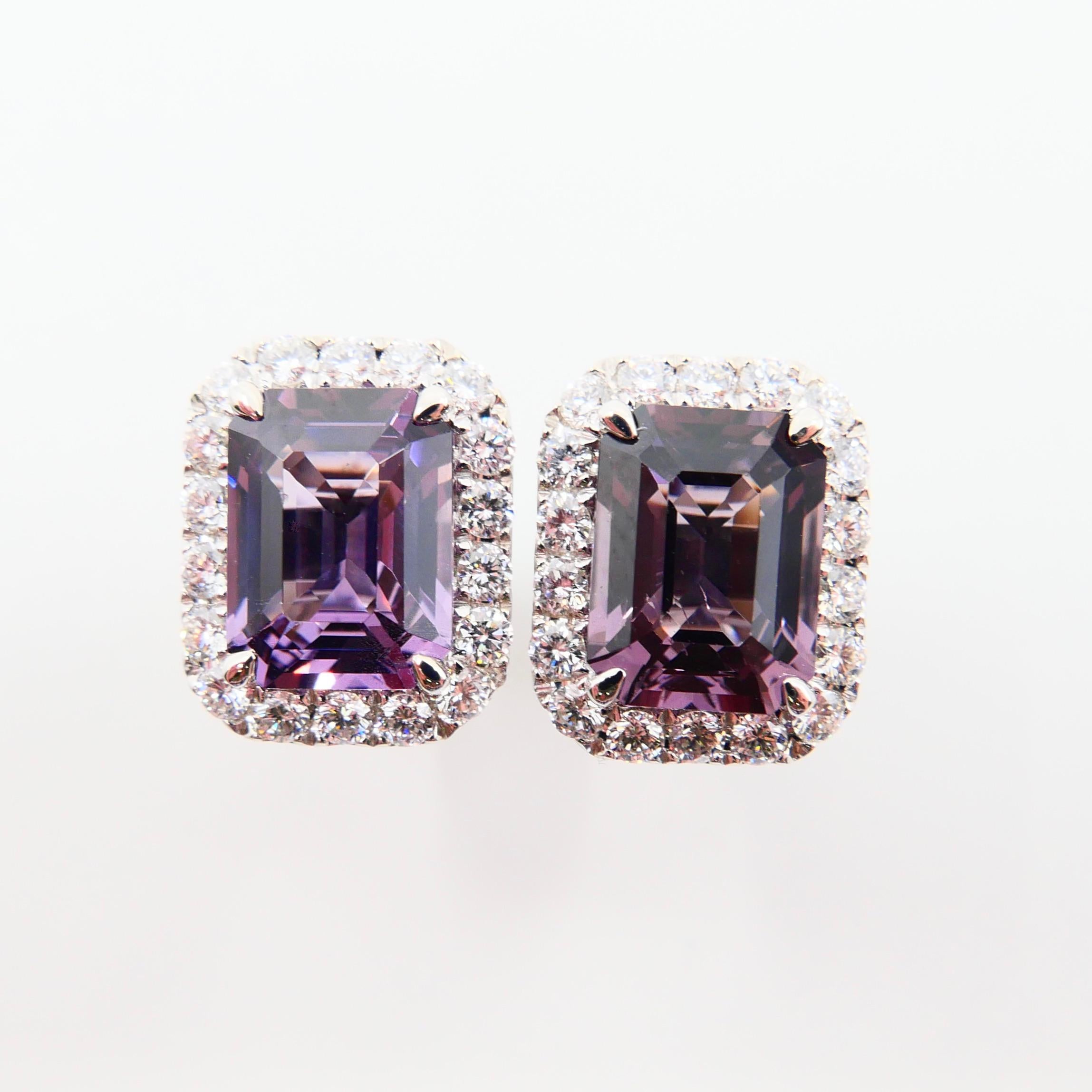 Contemporary Natural 4.73 Carat Purple Step Cut Spinels and 0.67 Carat Diamond Earrings For Sale