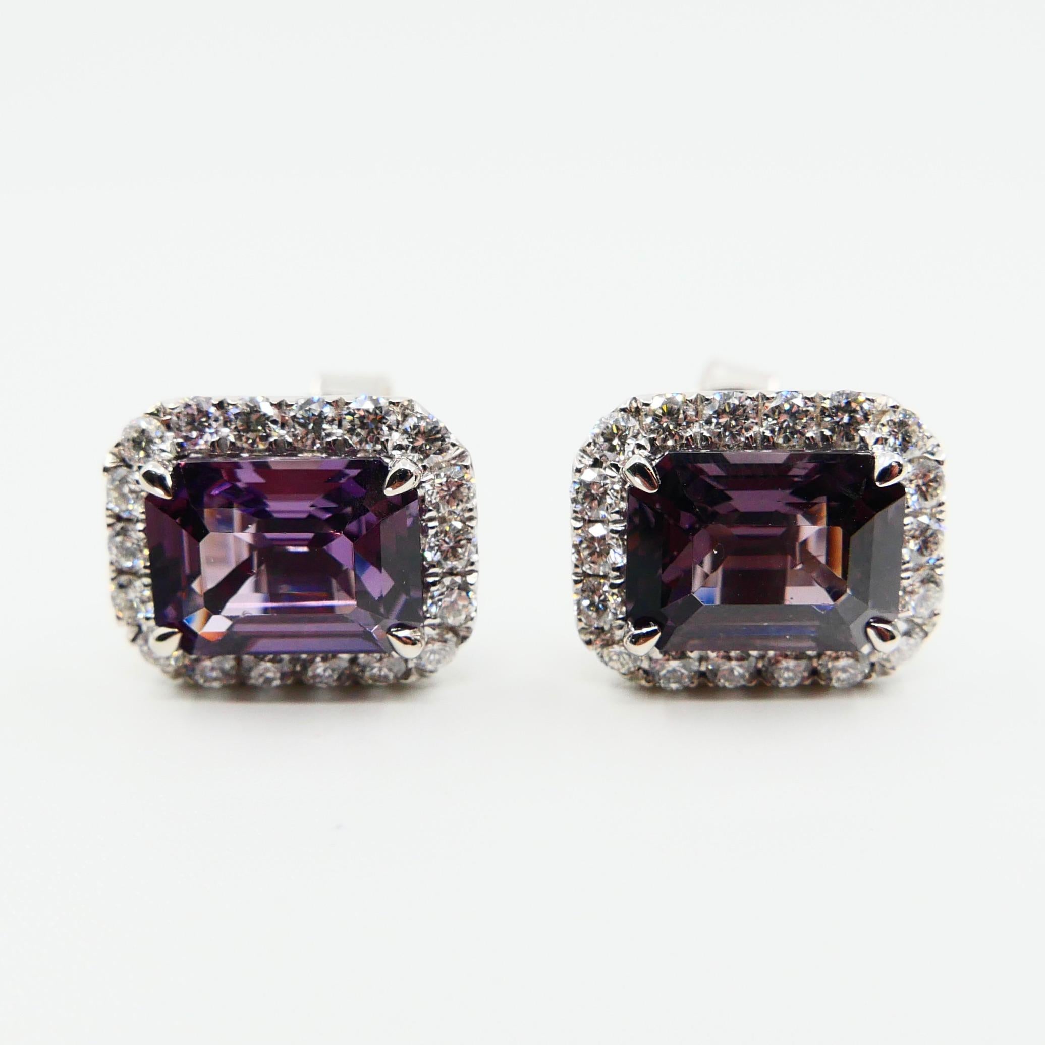 Emerald Cut Natural 4.73 Carat Purple Step Cut Spinels and 0.67 Carat Diamond Earrings For Sale