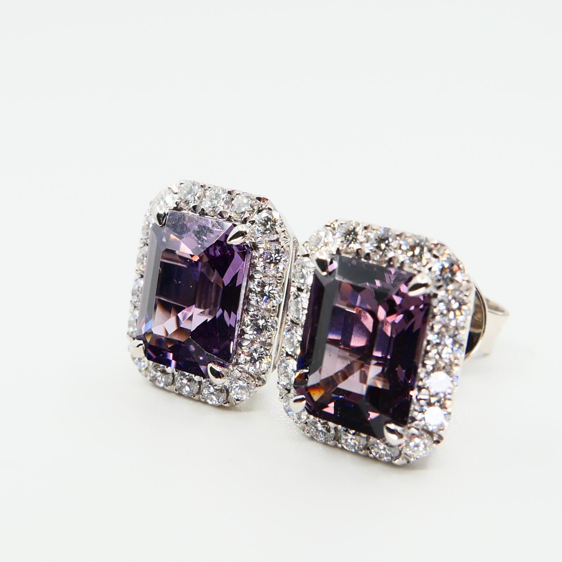 Women's Natural 4.73 Carat Purple Step Cut Spinels and 0.67 Carat Diamond Earrings For Sale